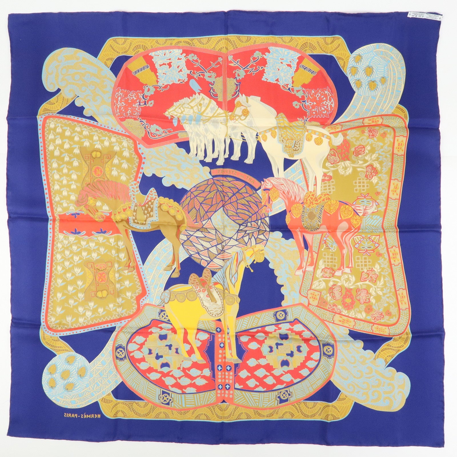 HERMES Carre 90 Silk 100% Scarf ART des STEPPES Horse Print Navy
