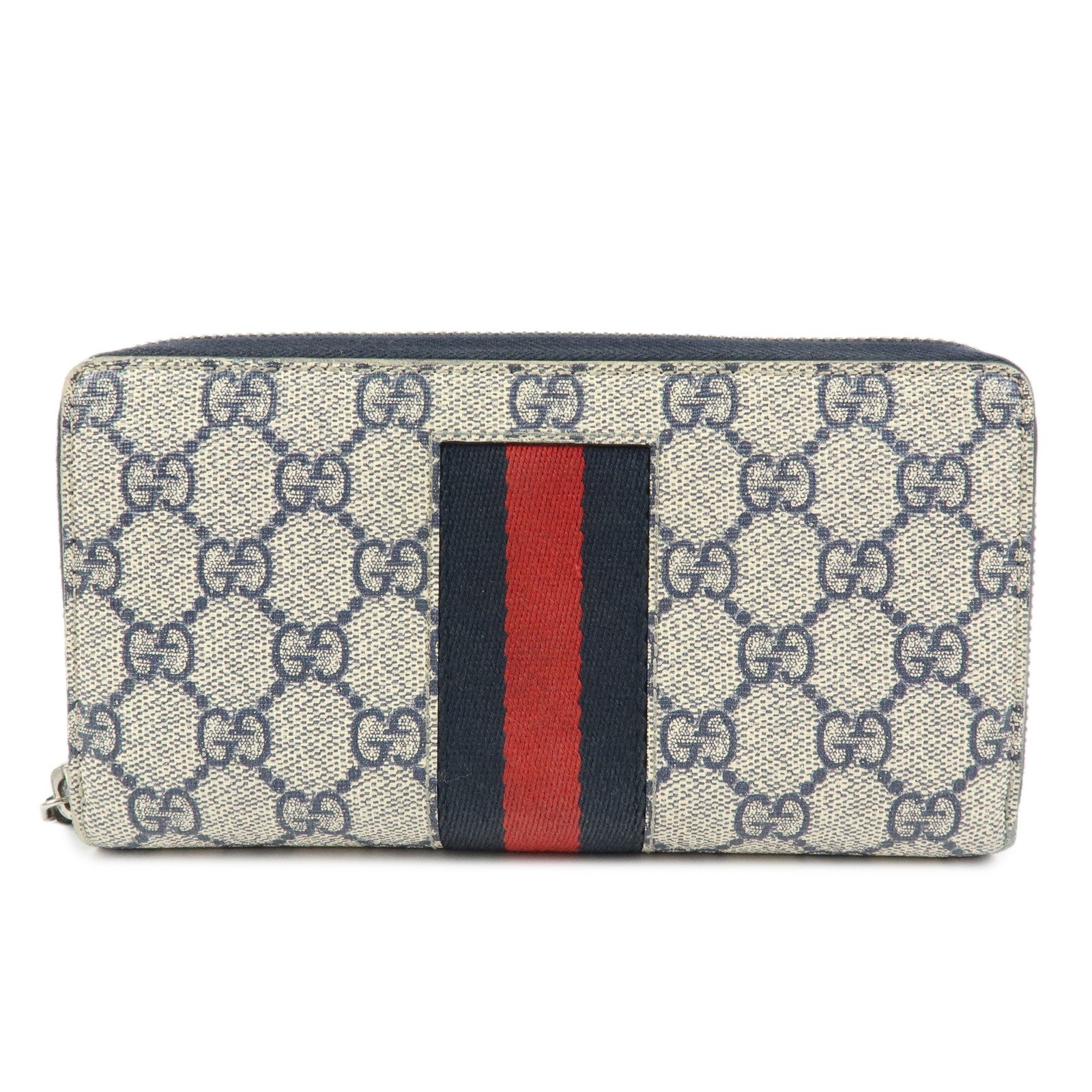 GUCCI Sherry GG Supreme Web Stripe Long Wallet Beige Navy 408831