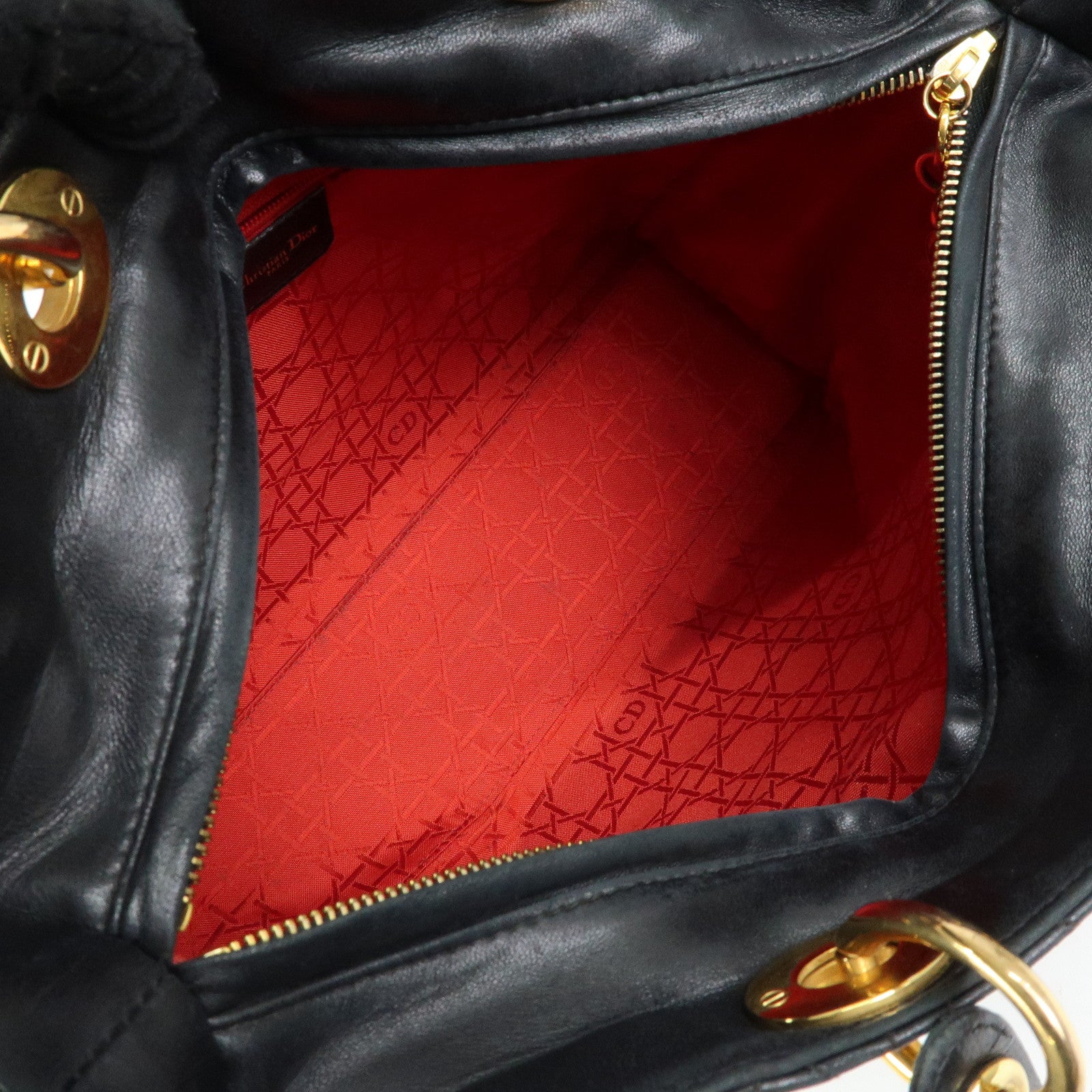 Christian Dior Canage Lady Dior Lamb Skin Hand Bag Black