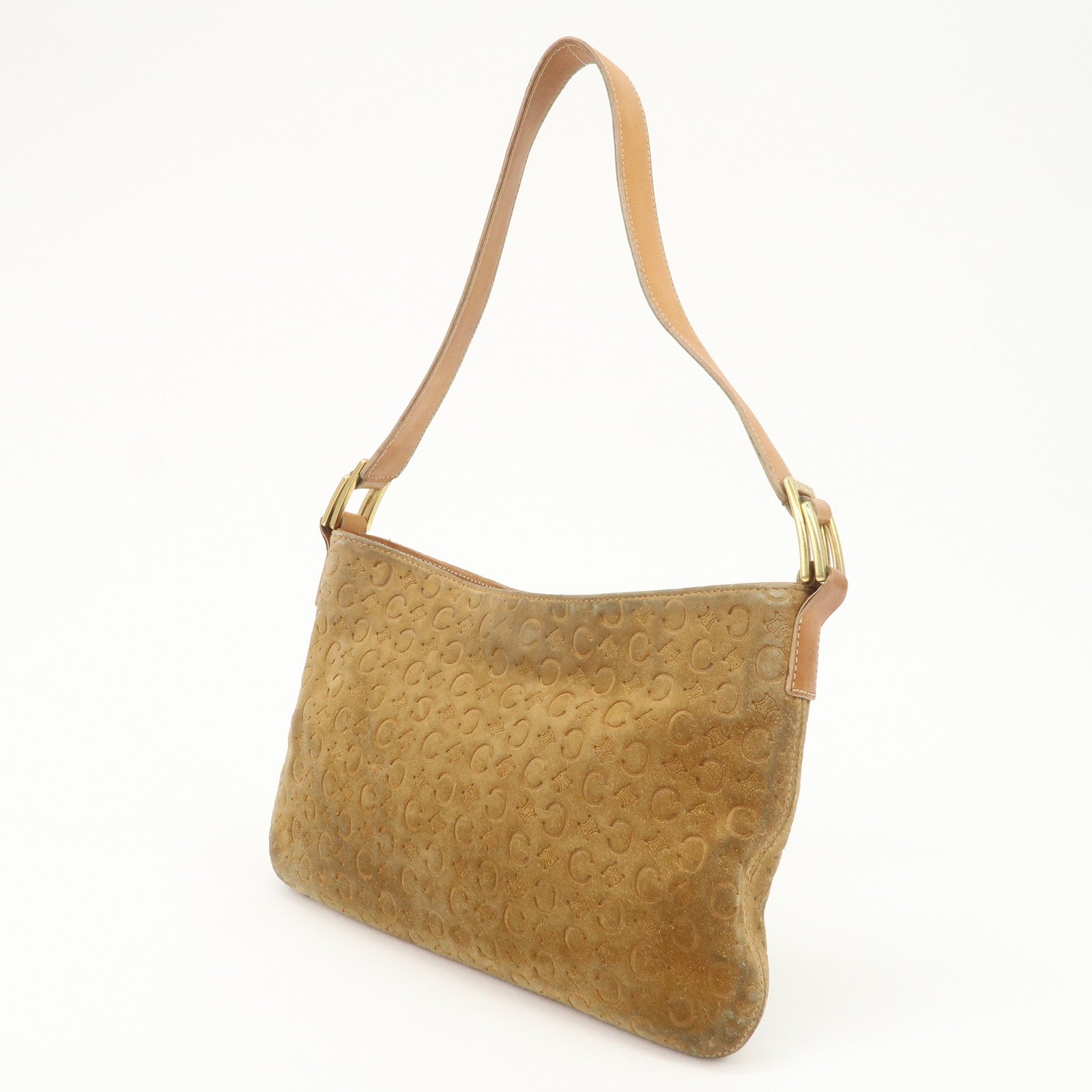 CELINE C Macadam Leather Suede Shoulder Bag Hand Bag Beige