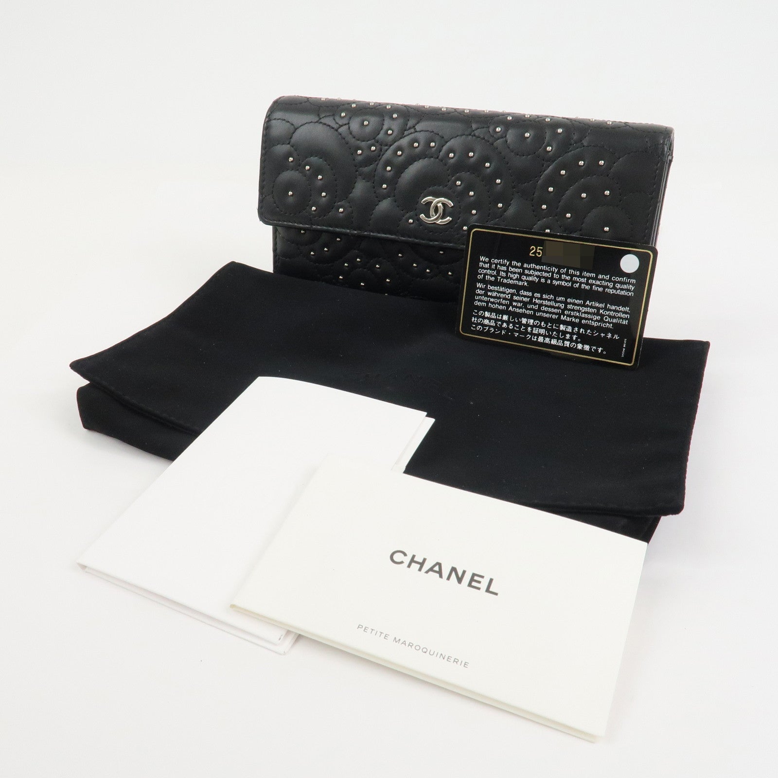 CHANEL Camellia Leather Long Wallet Black Silver Studs A82283