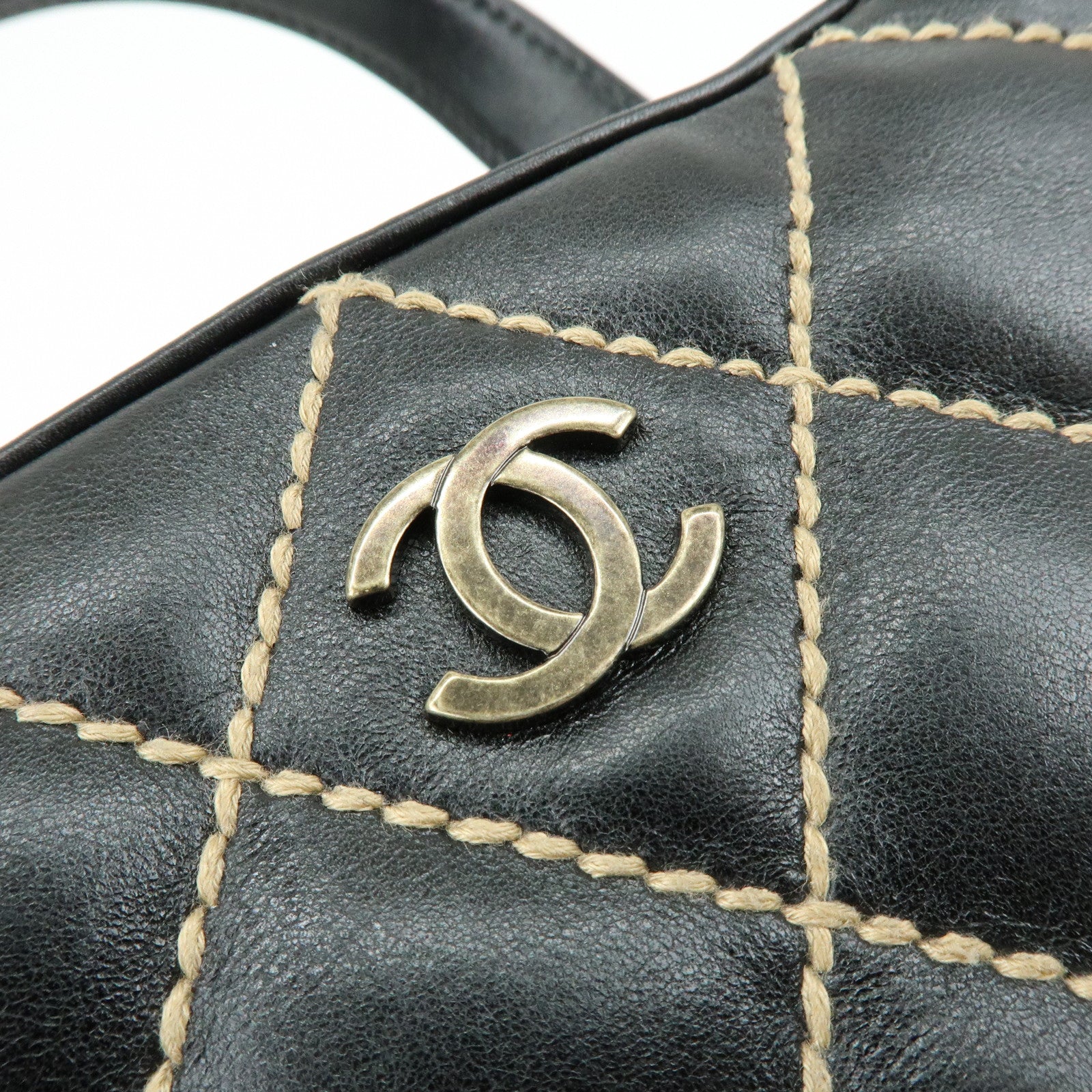 CHANEL Wild Stitch COCO Mark Calf Leather Hand Bag Tote Bag Black