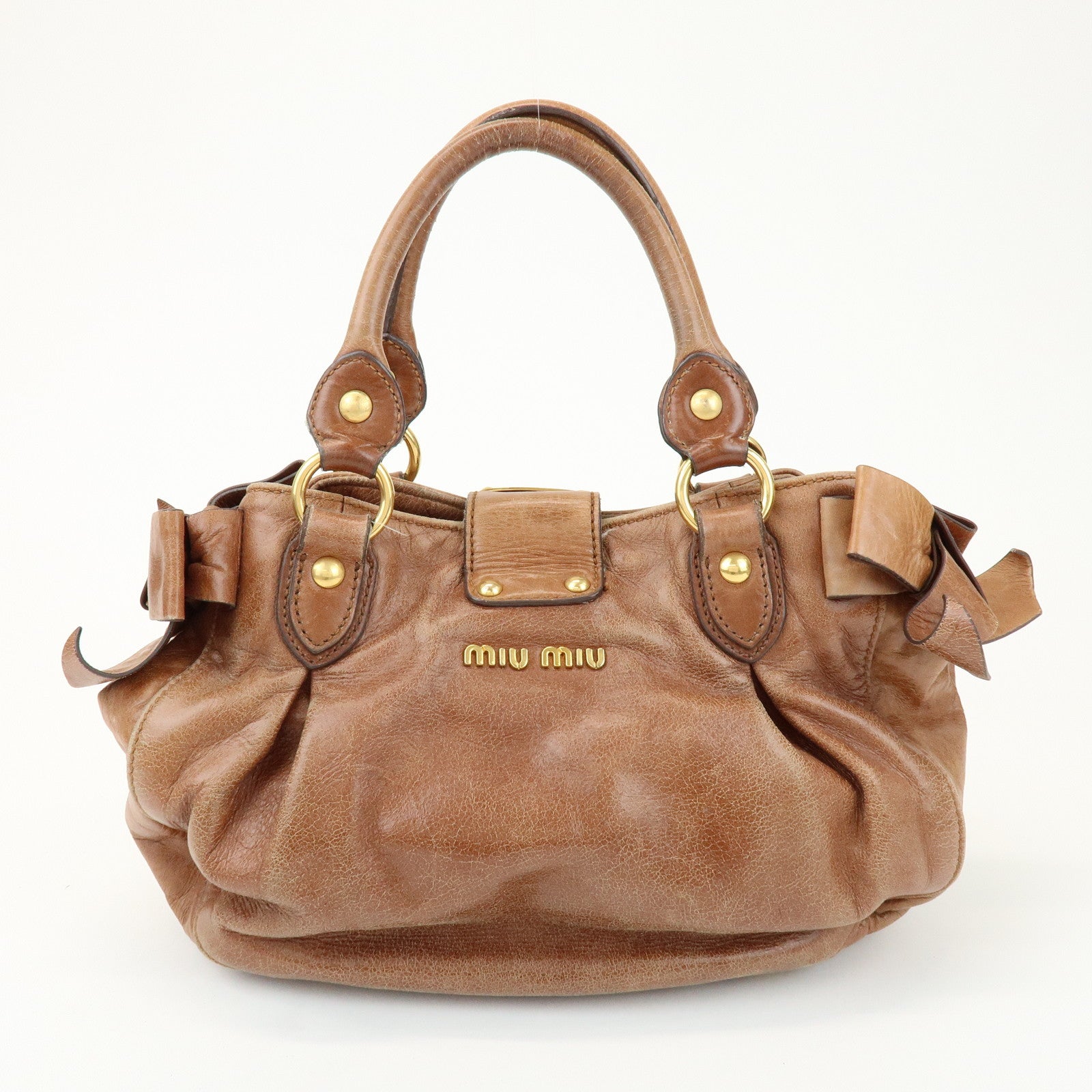 MIU MIU Leather Side Ribbon 2Way Shoulder Bag Hand Bag Brown RN0686