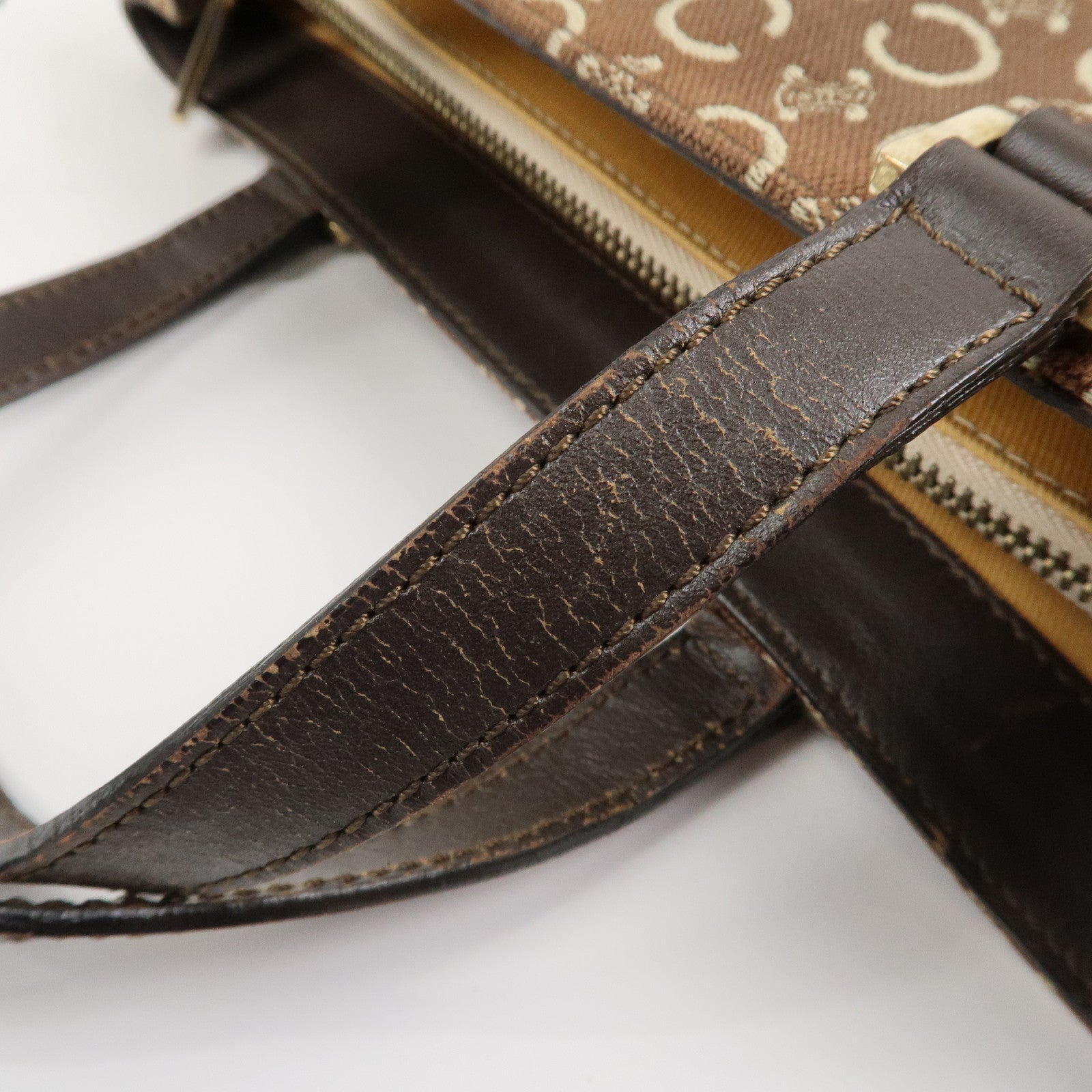 CELINE C Macadam Canvas Leather Hand Bag Brown Beige
