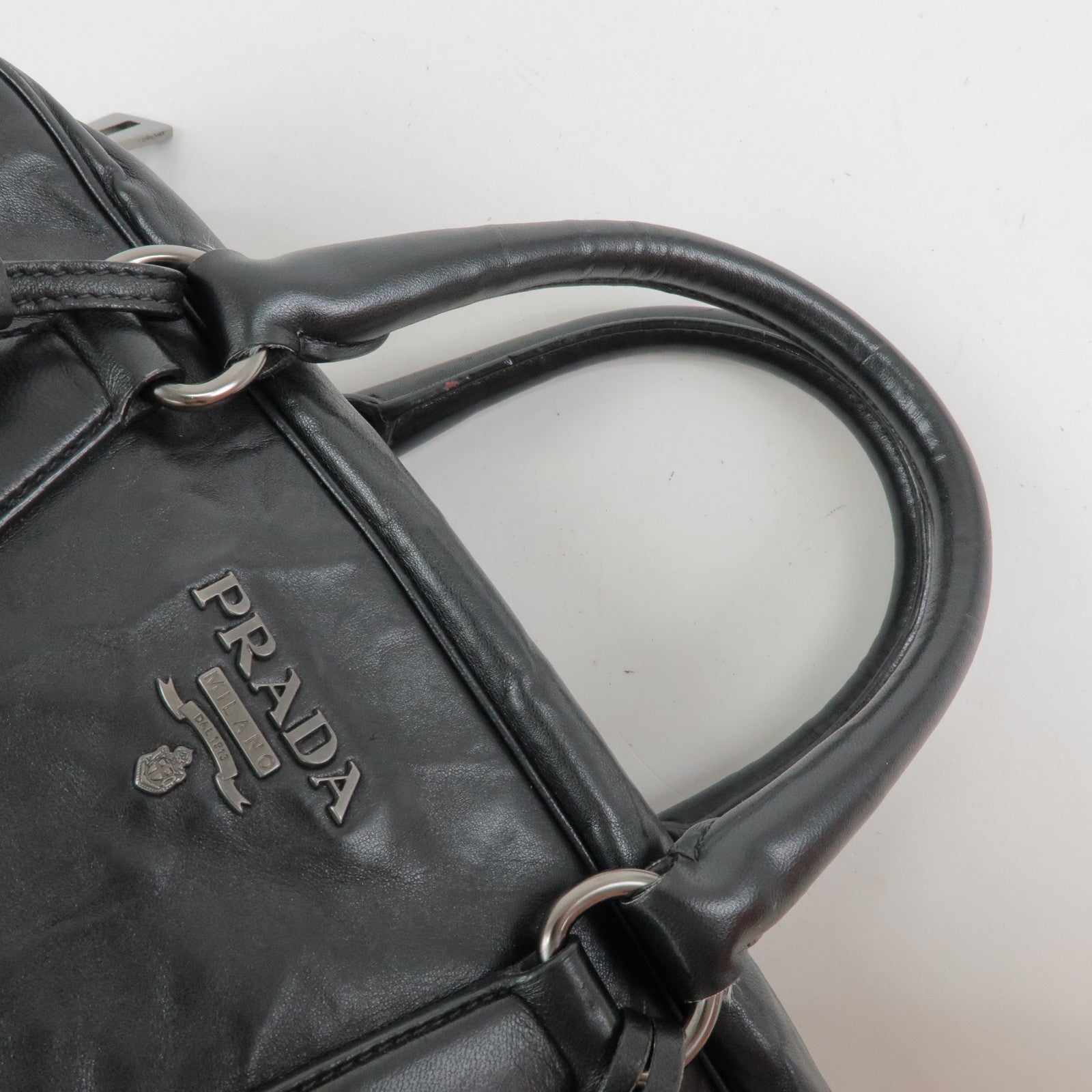 PRADA Leather Boston Bag Hand Bag Black BL0758
