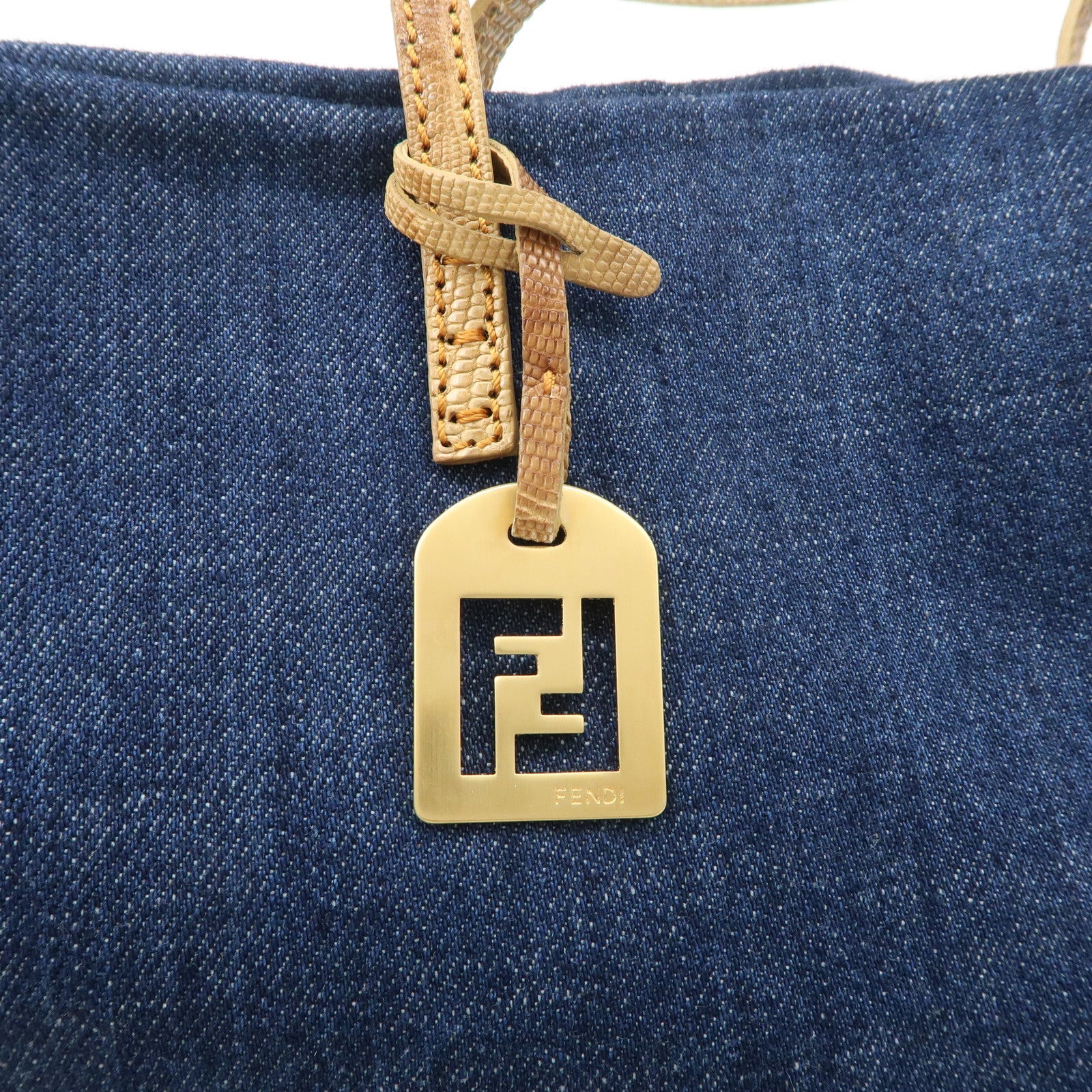 FENDI Denim Tote Bag Hand Bag Logo Charm Navy