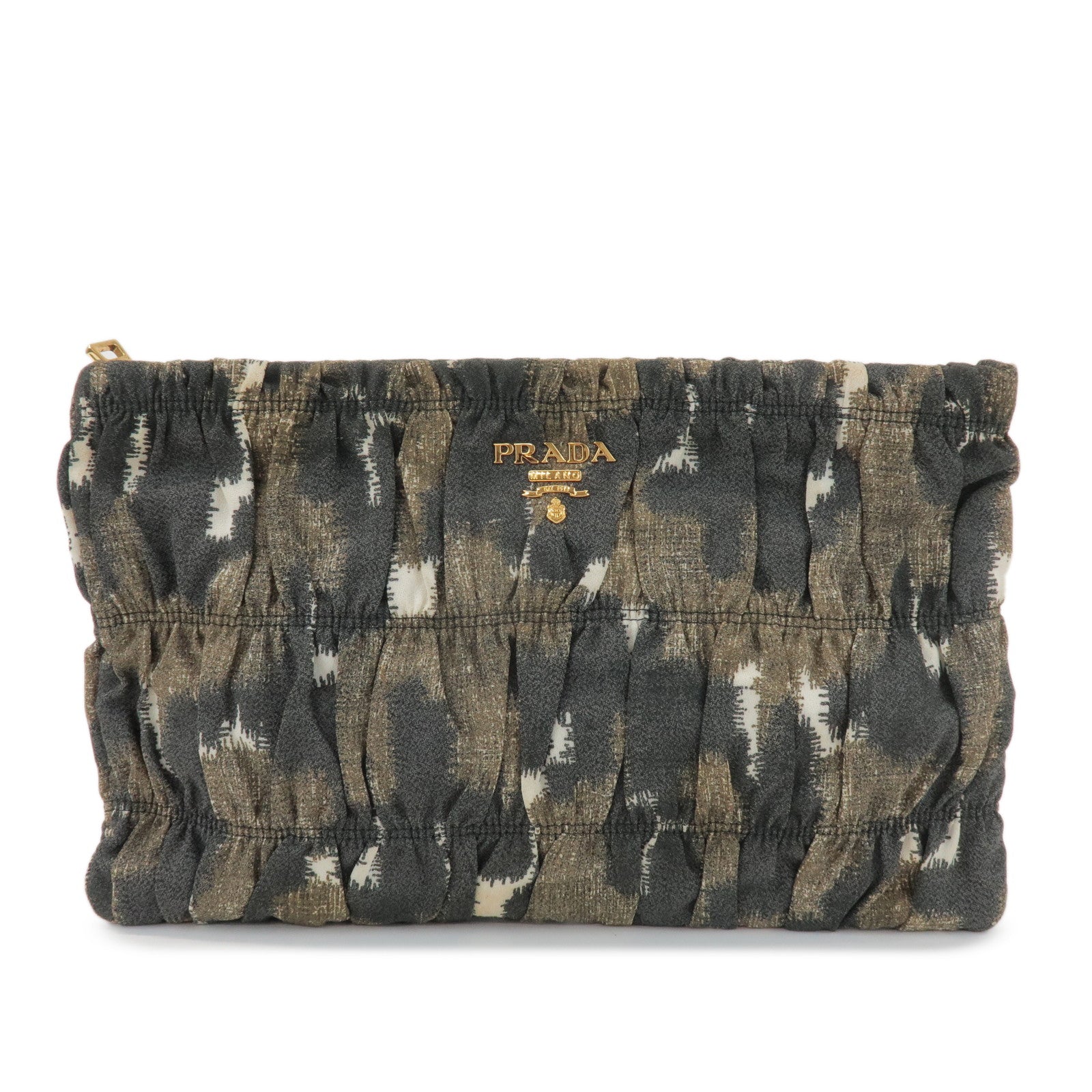 PRADA Logo Canvas Camouflage Gathered Design Clutch Bag Khaki Black