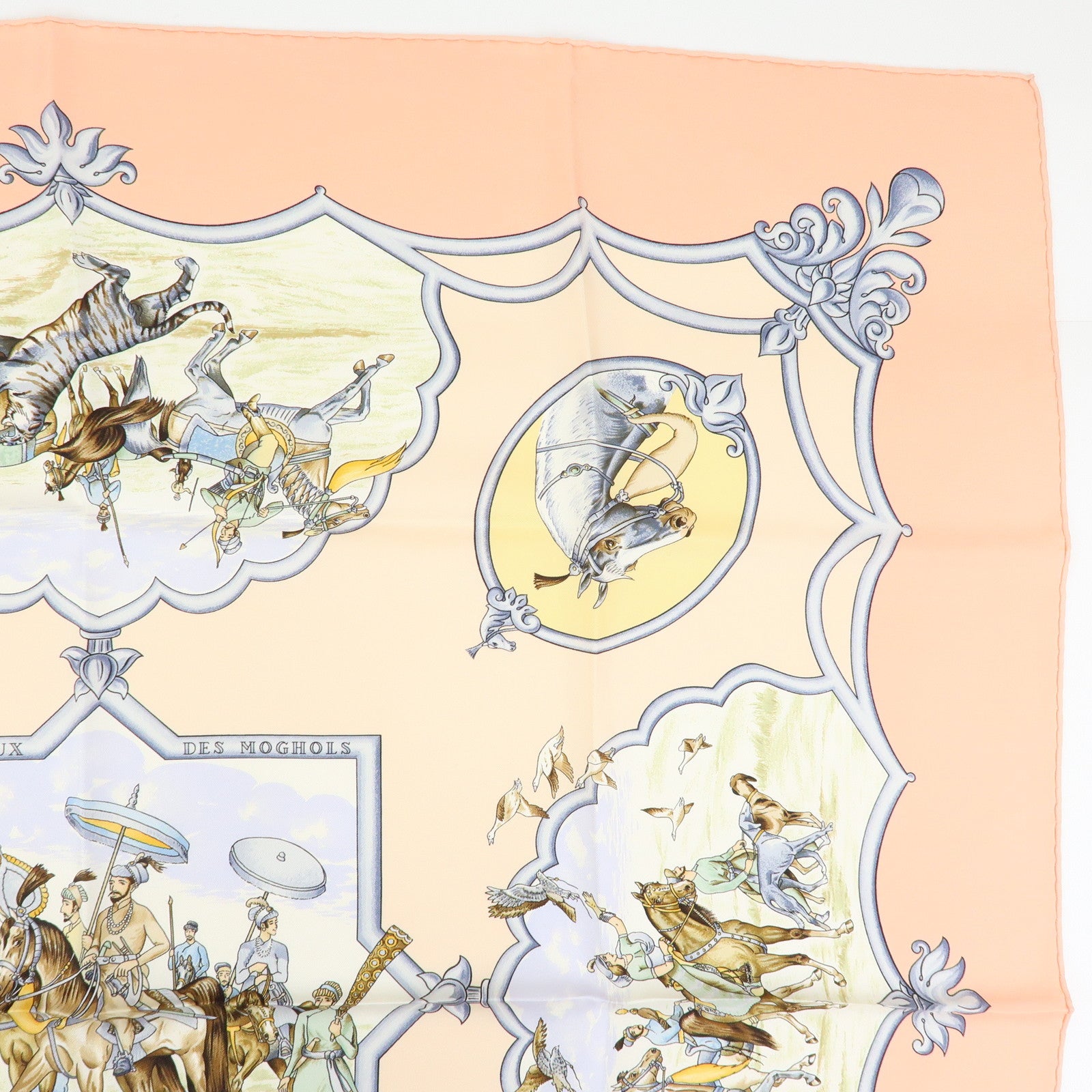 HERMES Carre 90 Silk 100% Scarf LES CHEVAUX DES MOGHOLS Pink Beige