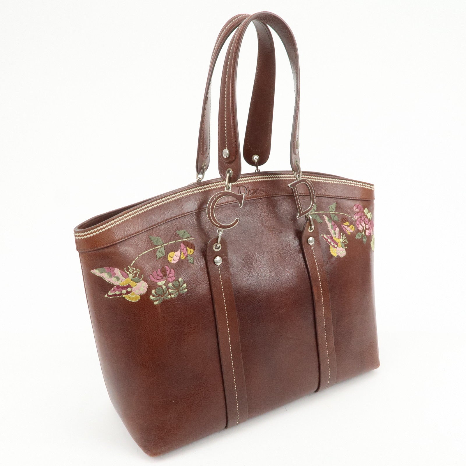 Christian Dior Leather Flower Embroidery Tote Shoulder Bag Brown
