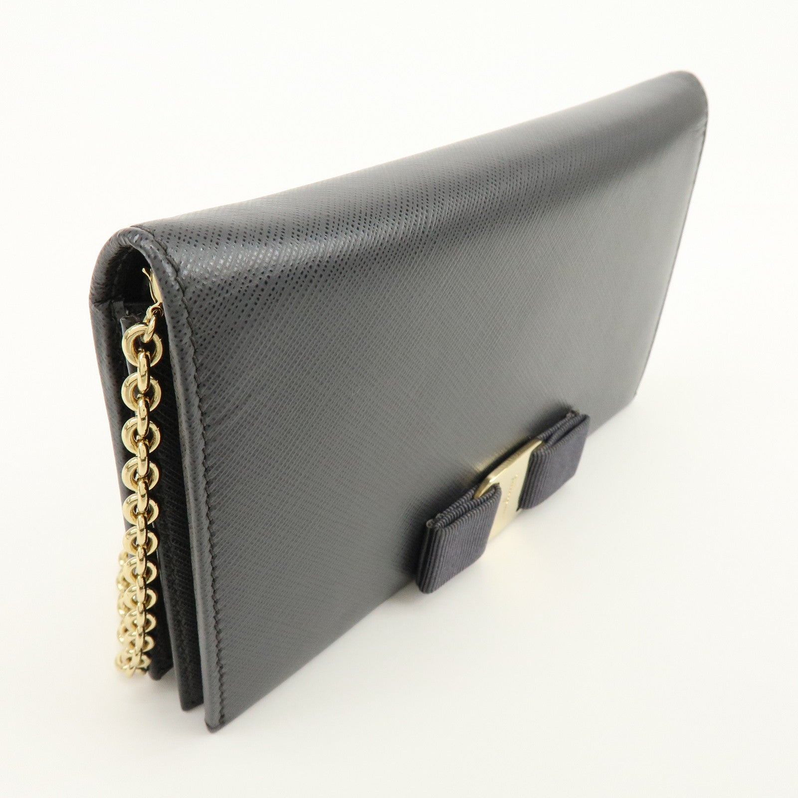 Ferragamo Varra Ribbon Leather Chain Shoulder Bag Wallet Gray