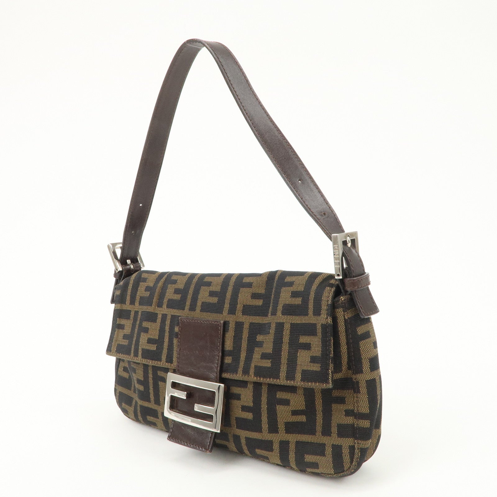 FENDI Mamma Baguette Zucca Canvas Leather Shoulder Bag Black Brown 26424