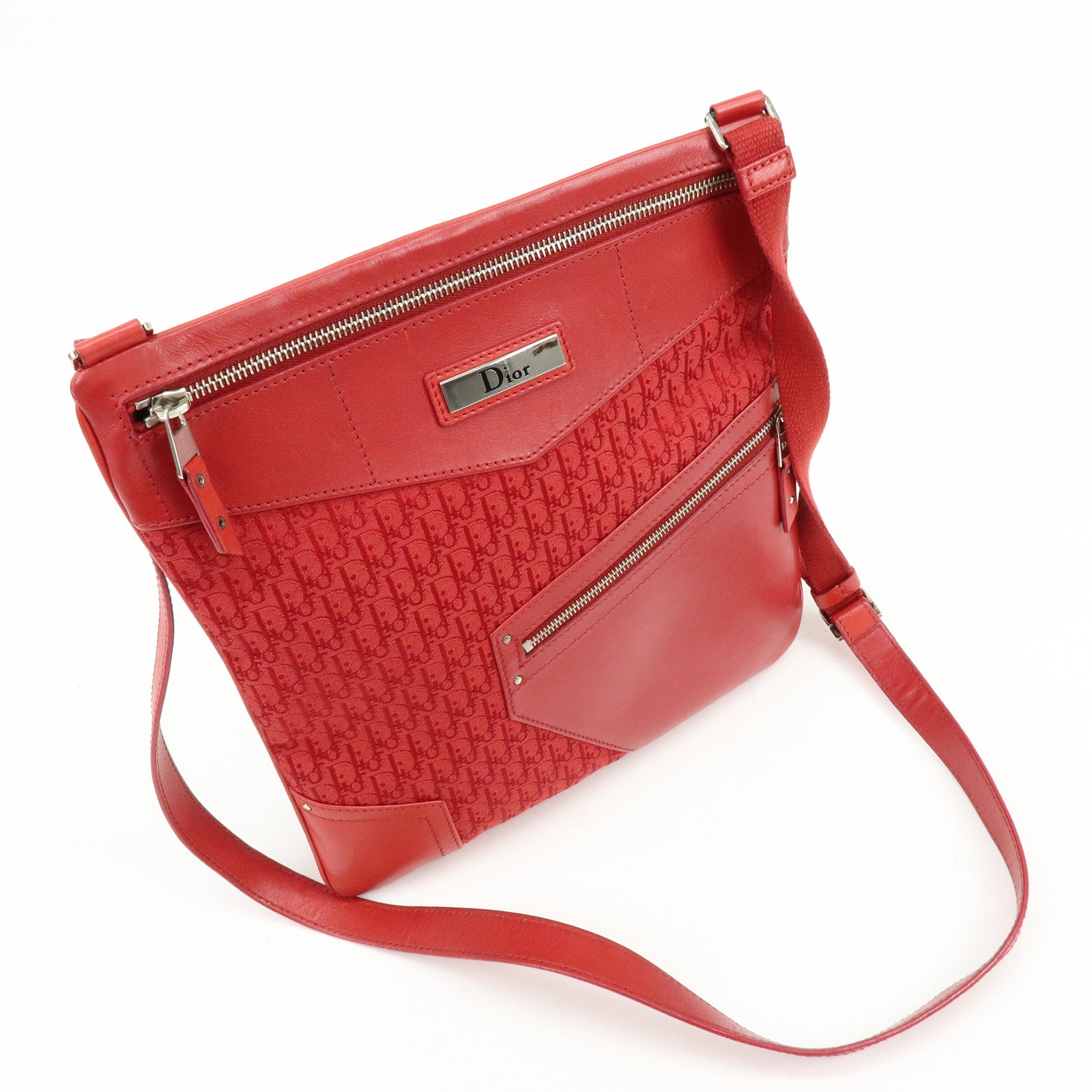 Christian Dior Trotter Jacguard Canvas Leather Shoulder Bag Red