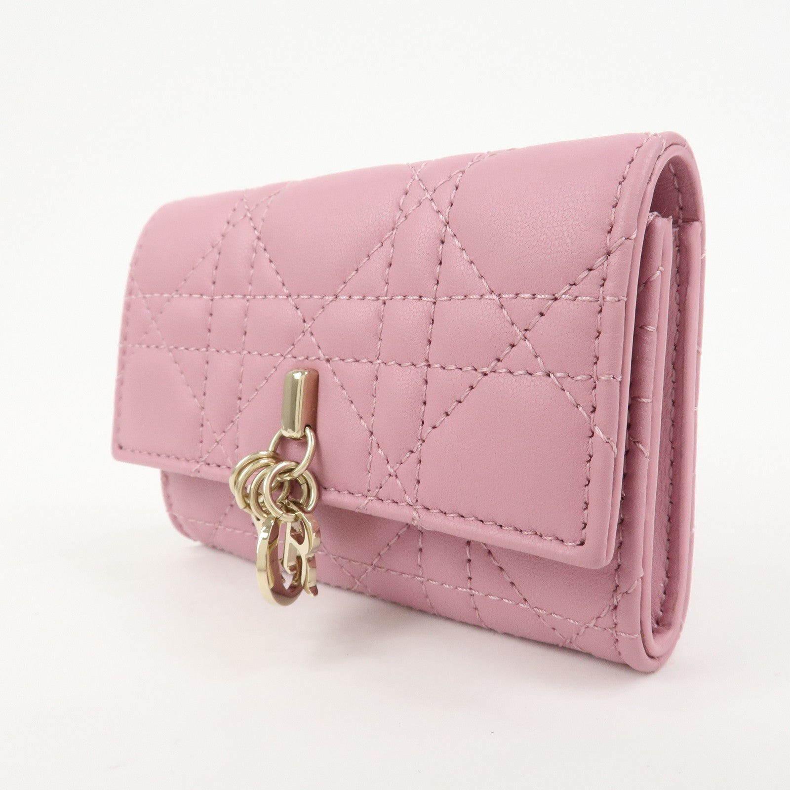 Christian Dior Cannage Logo Leather Bi-fold Compact Wallet Pink