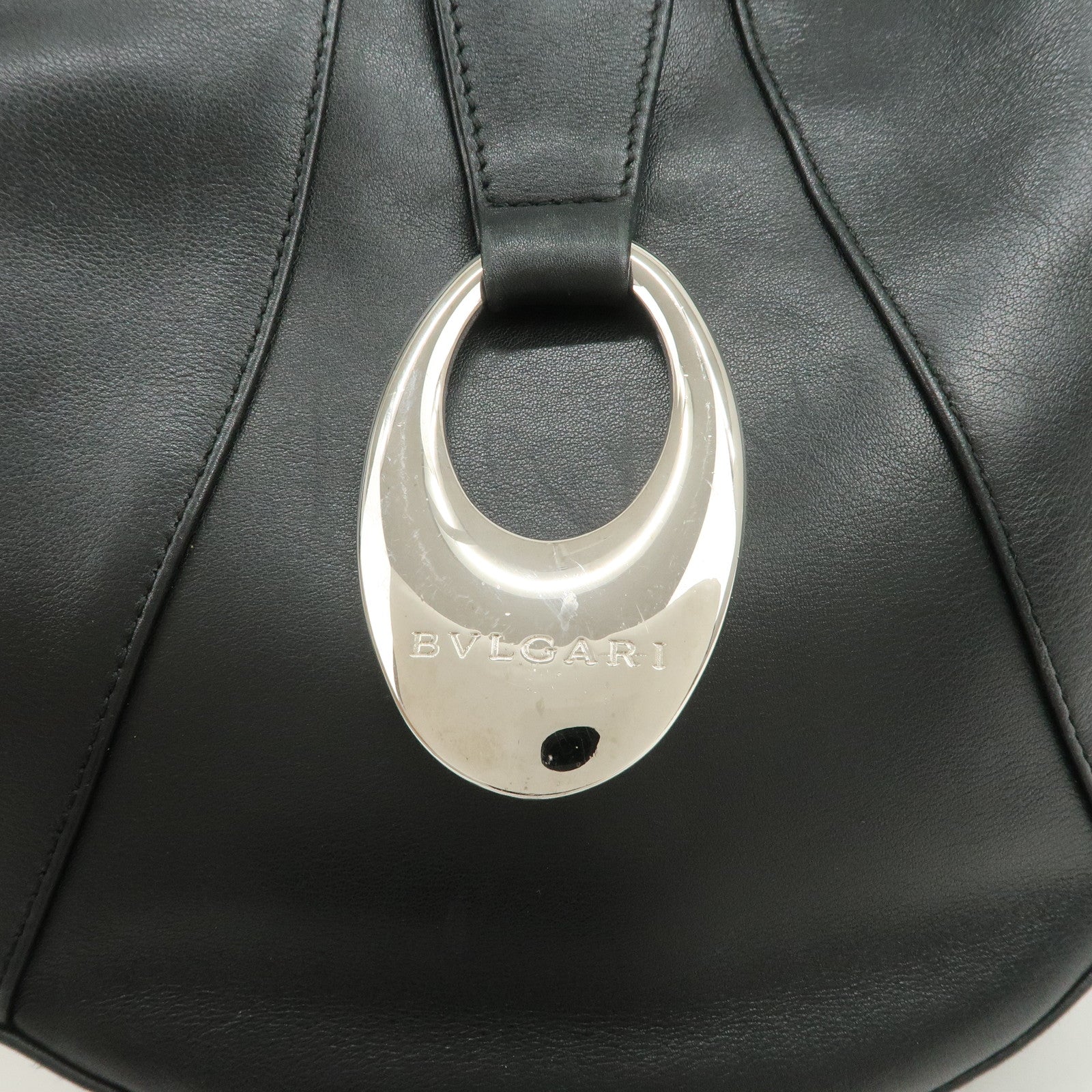 BVLGARI Leather Shoulder Bag Hand Bag Black Silver