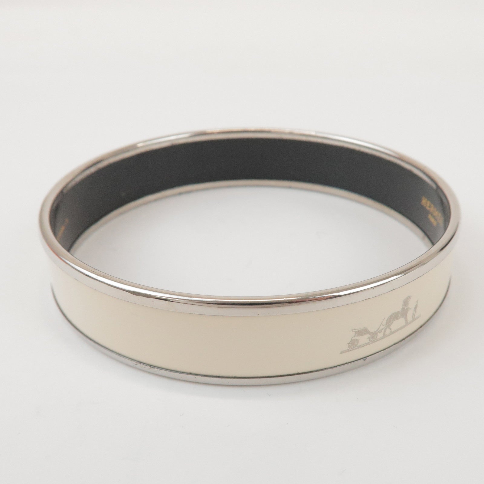 HERMES Email MM Bangle Plated Bracelet Ivory Silver