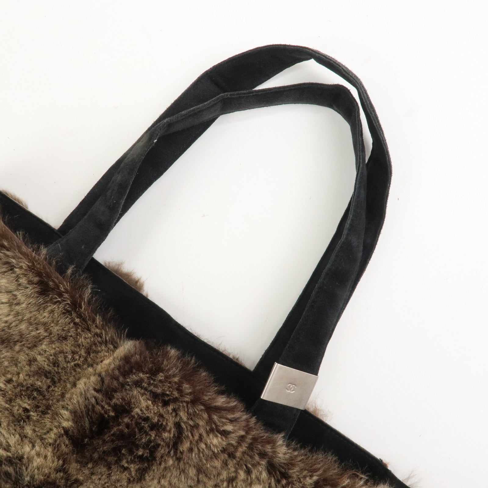 CHANEL COCO Mark Fur Suede Tote Bag Hand Bag Brown Black