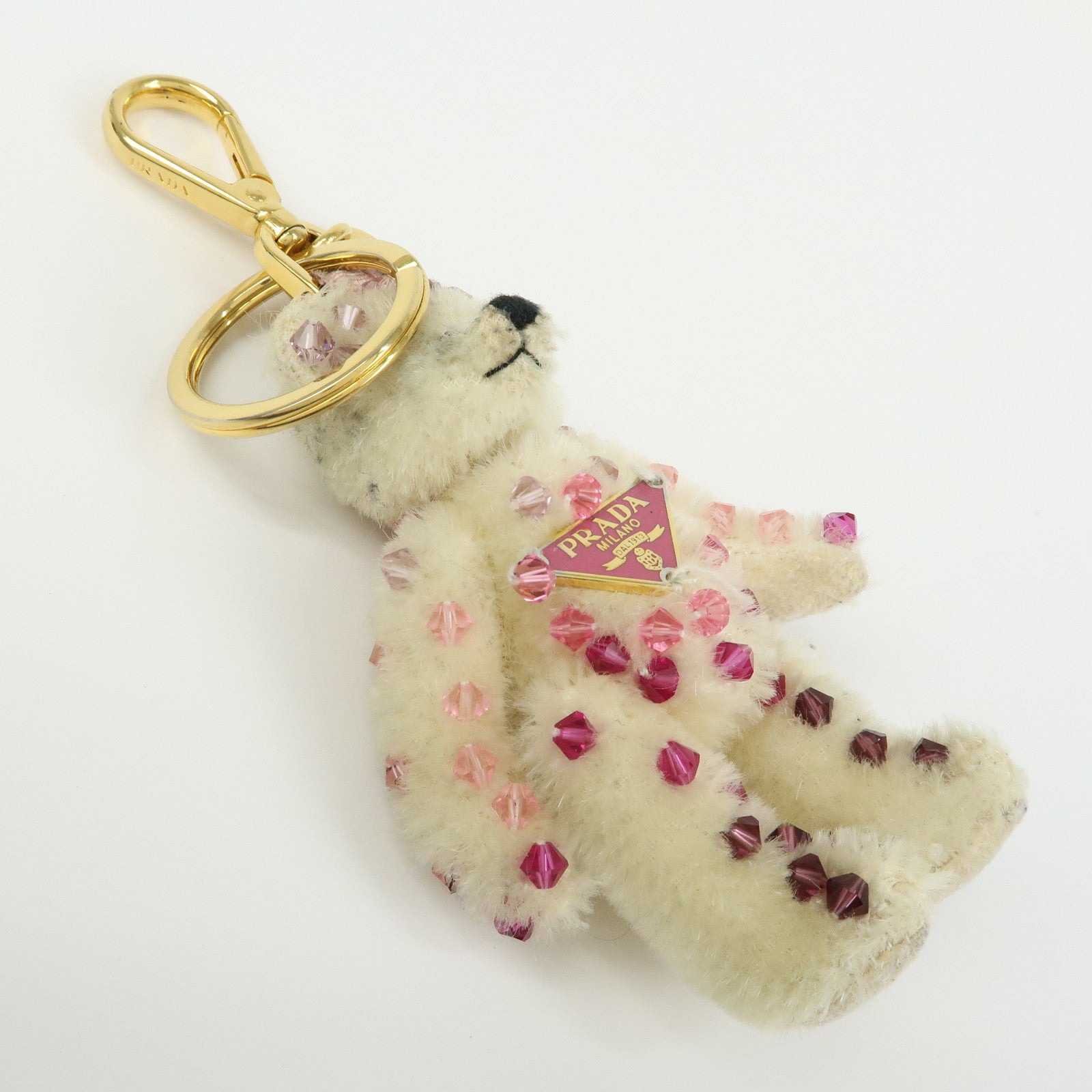 PRADA Triangle Logo Bear Mohair Bag Charm Key Holder Beige Pink