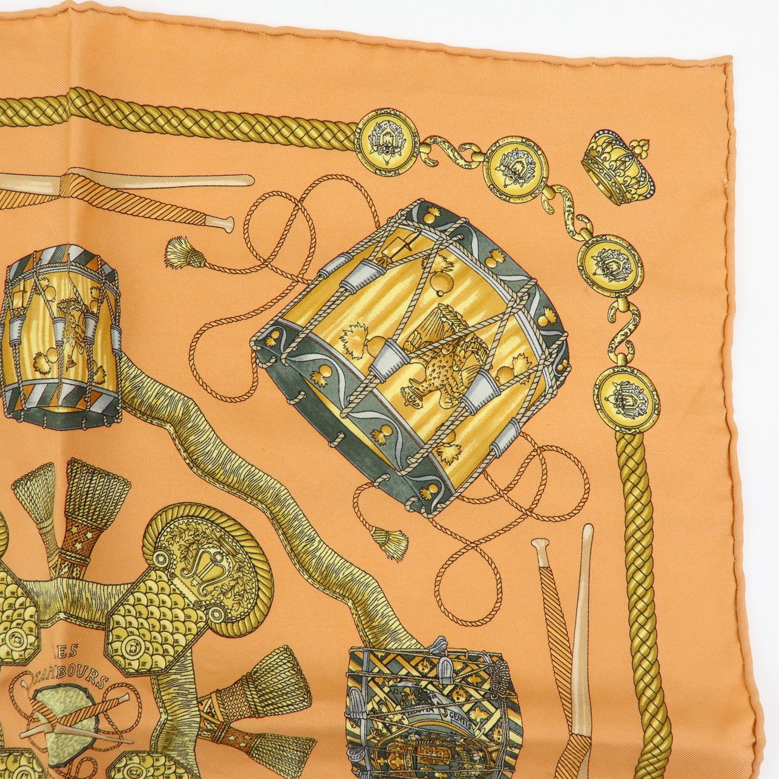 HERMES Carre 45 Silk 100% Scarf LES TAMBOURS Drum Print Orange Gold