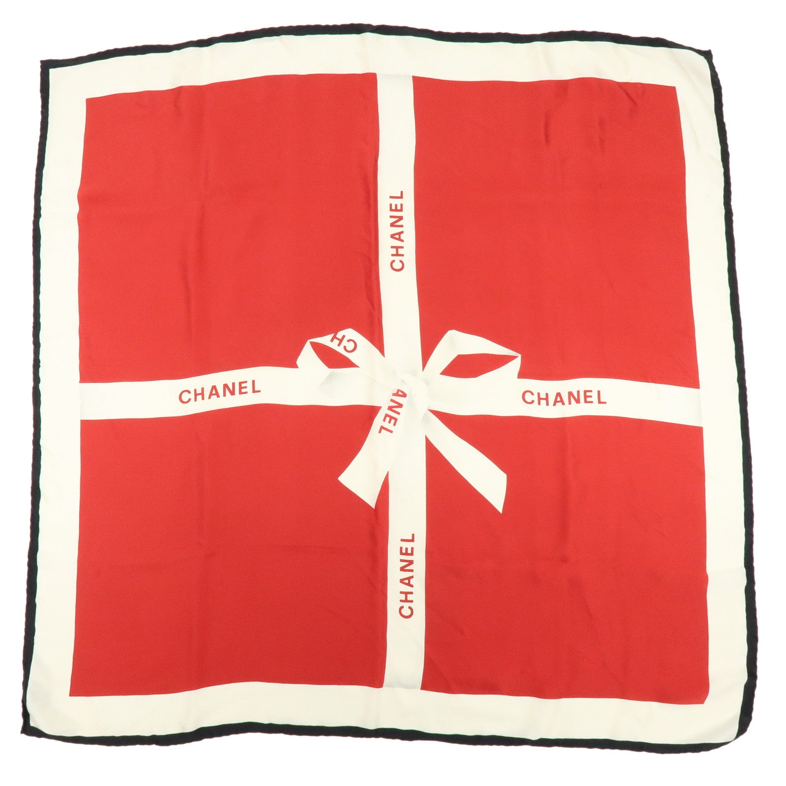 CHANEL Logo Silk 100% Scarf Ribbon Motif Red Ivory Black