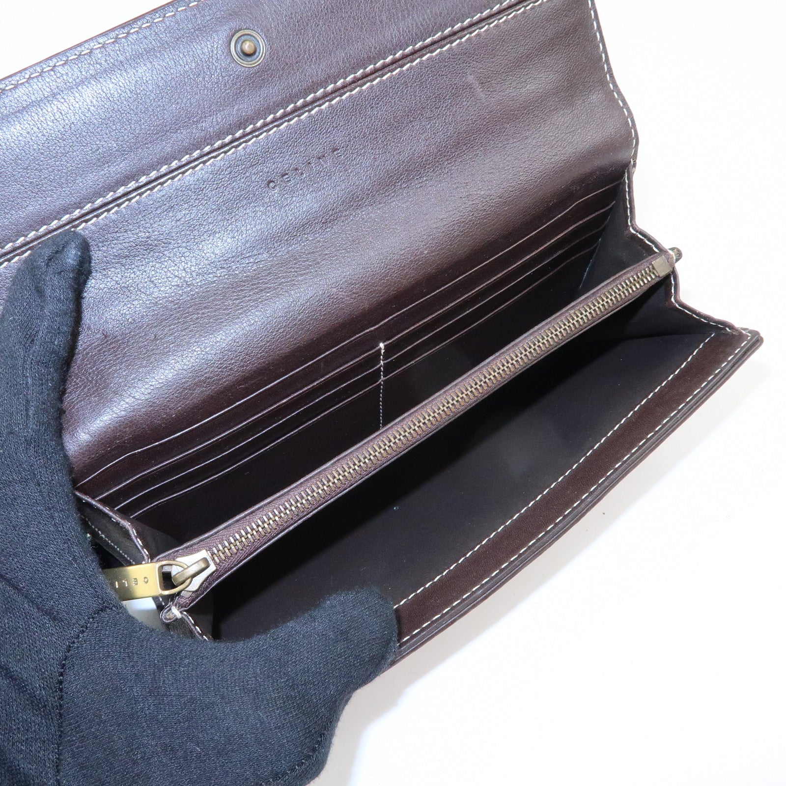 CELINE Macadam Canvas Leather Flap Long Wallet Beige Brown