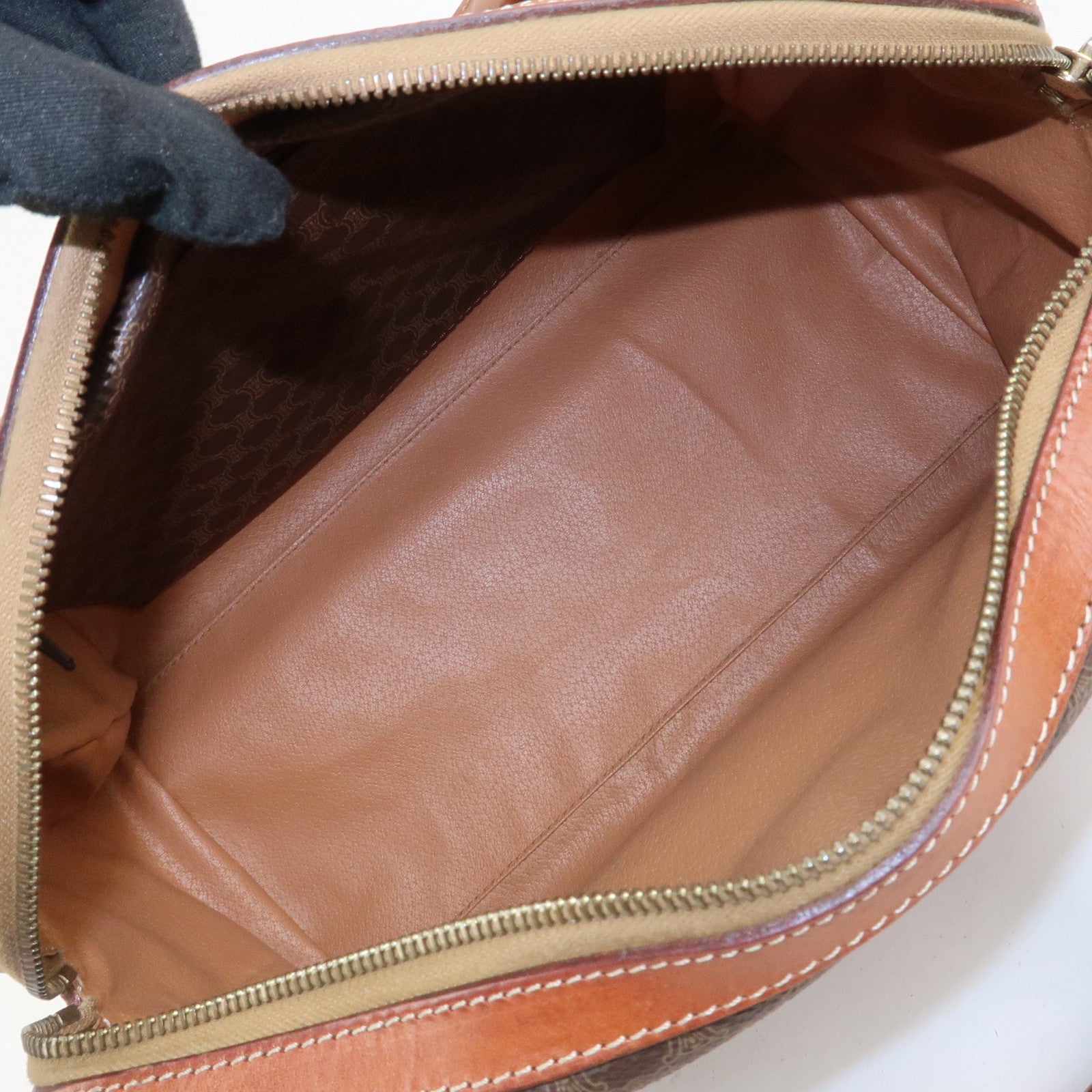 CELINE Macadam PVC Coating Canvas Leather Boston Bag Brown