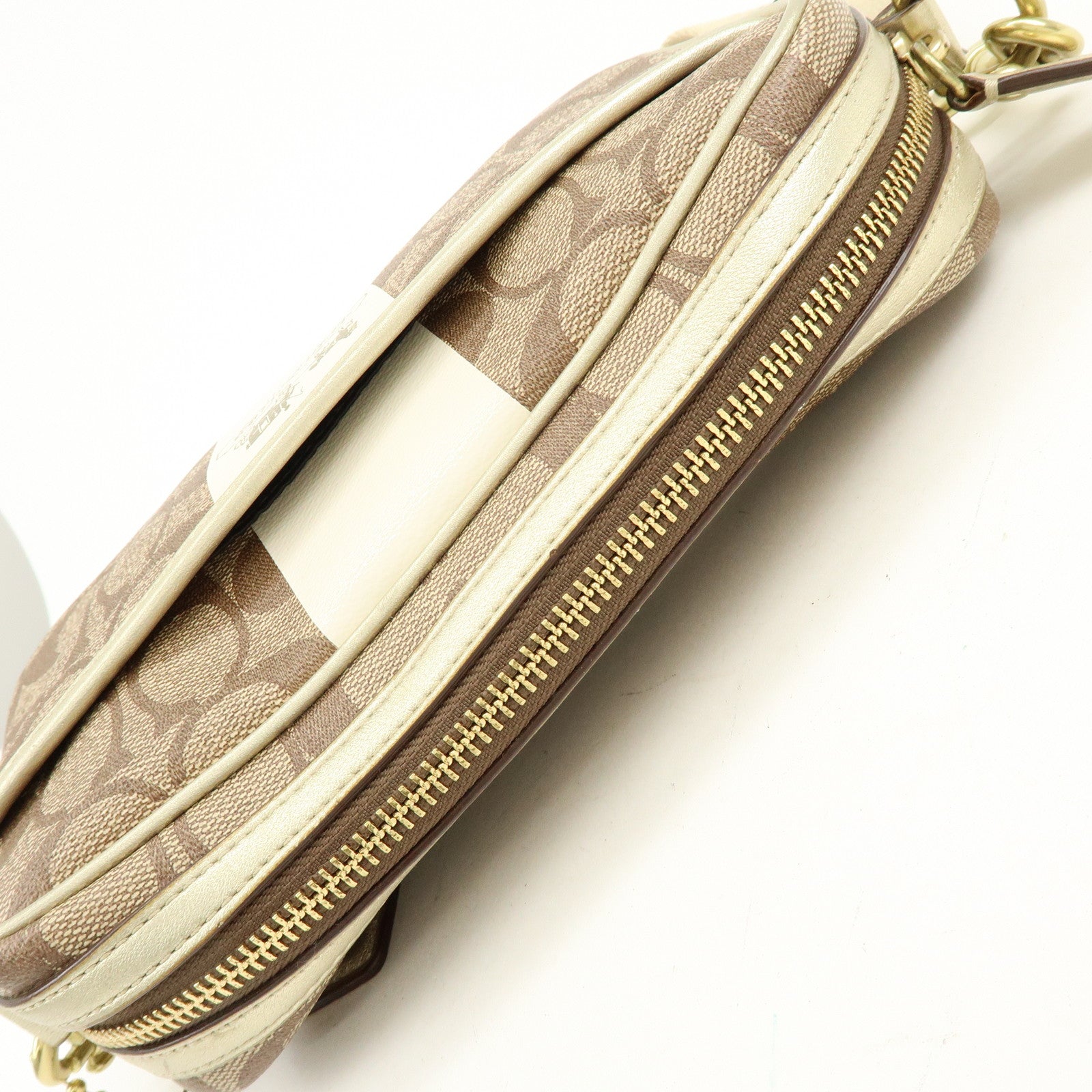 COACH Signature PVC Coated Canvas Leather Shoulder Bag Beige Gold