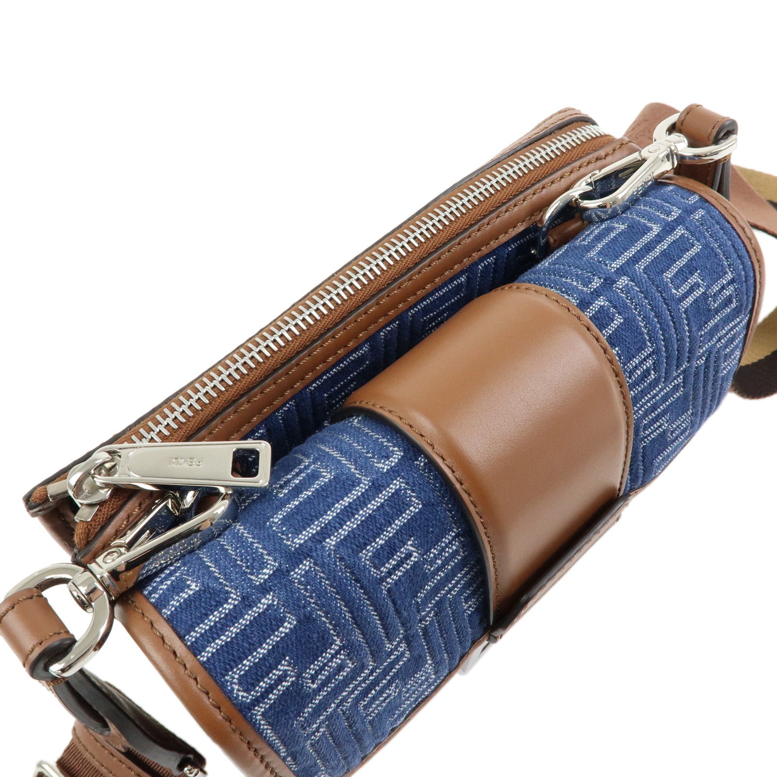 FENDI Zucca Canvas Leather Shoulder Bag Double Bucket Blue 7VA649