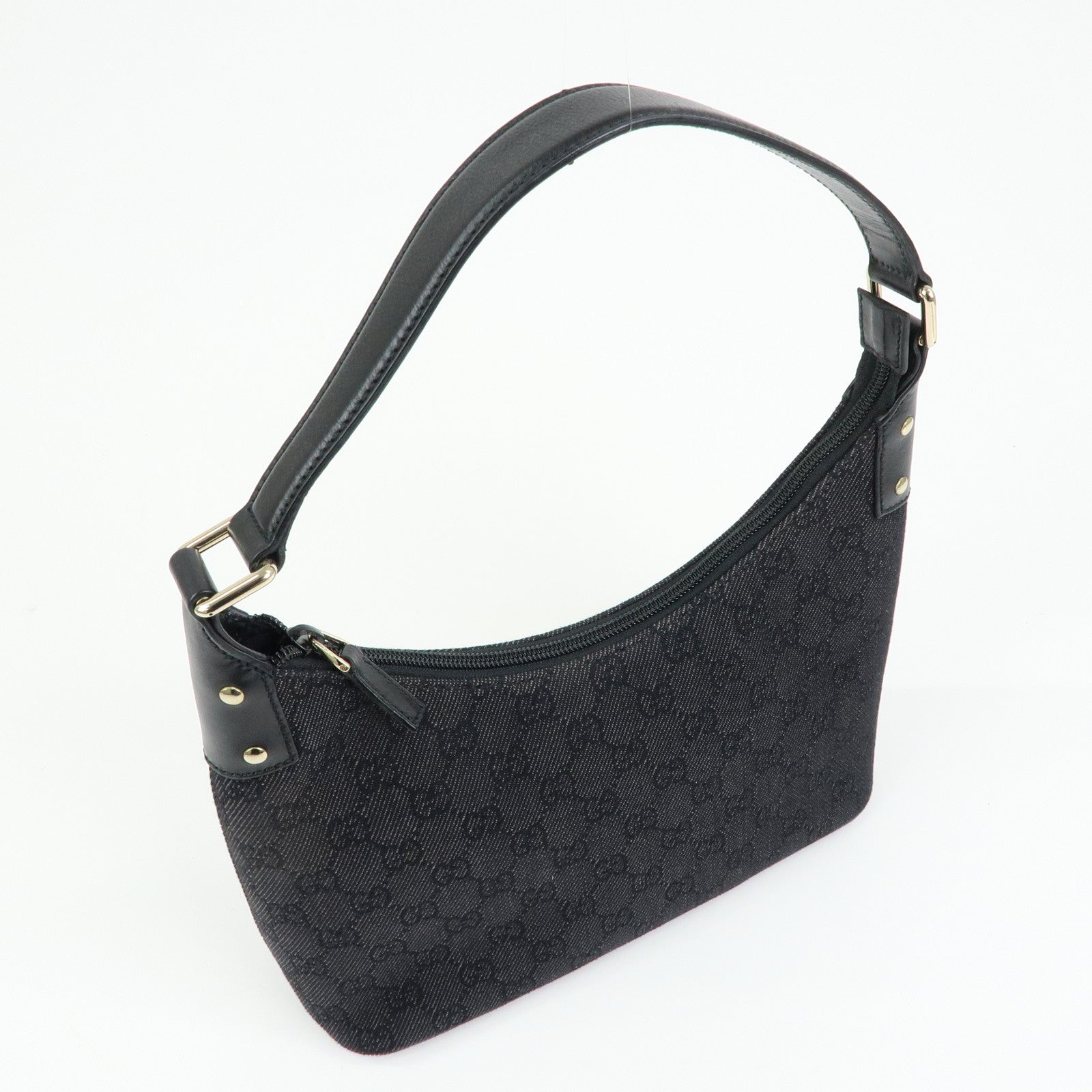 GUCCI GG Denim Canvas Leather Shoulder Bag Hand Bag Black 240020