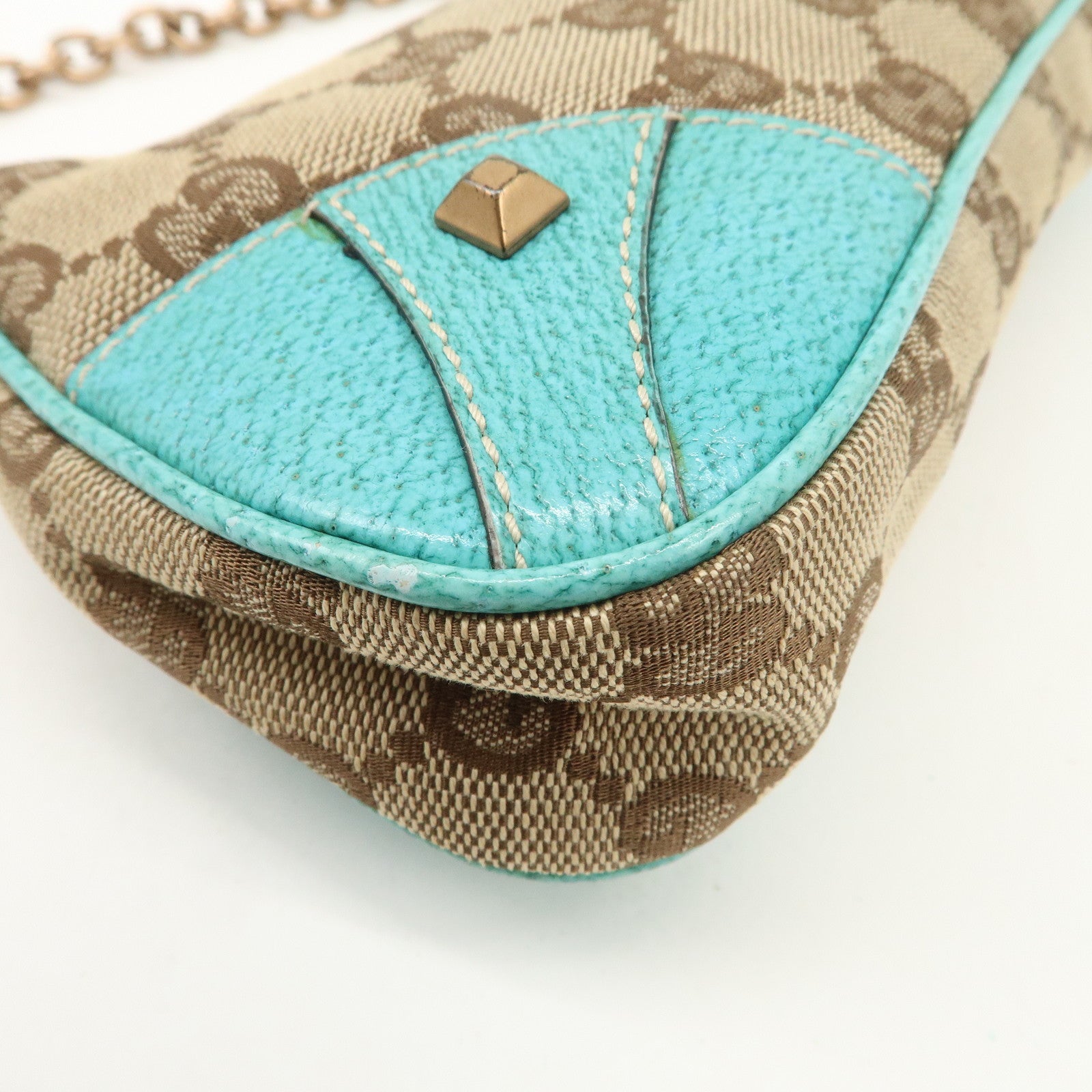 GUCCI GG Canvas Leather Chain Shoulder Bag Beige Turquoise Blue 120940 Used