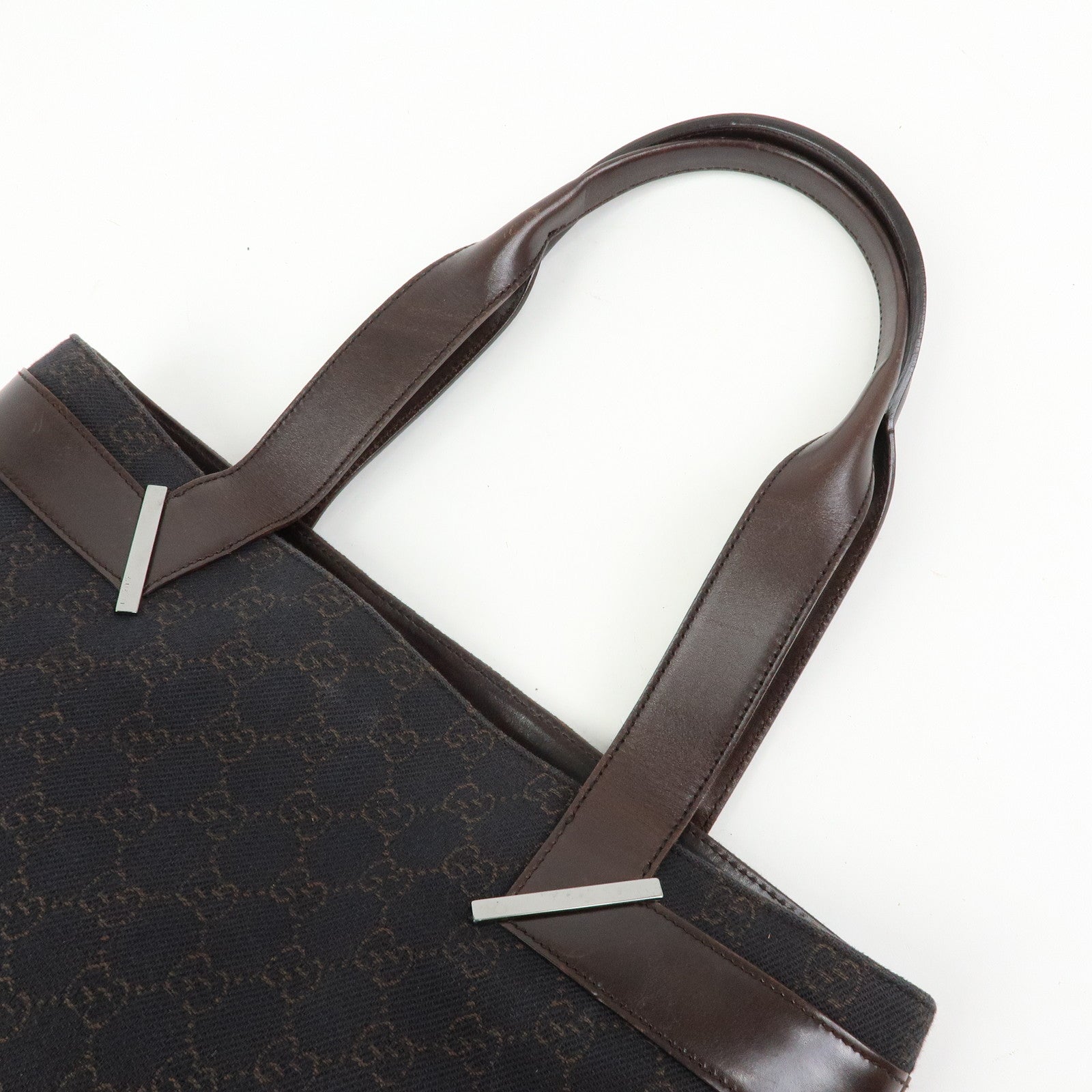 GUCCI GG Canvas Leather Hand Bag Tote Bag Dark Brown 73983