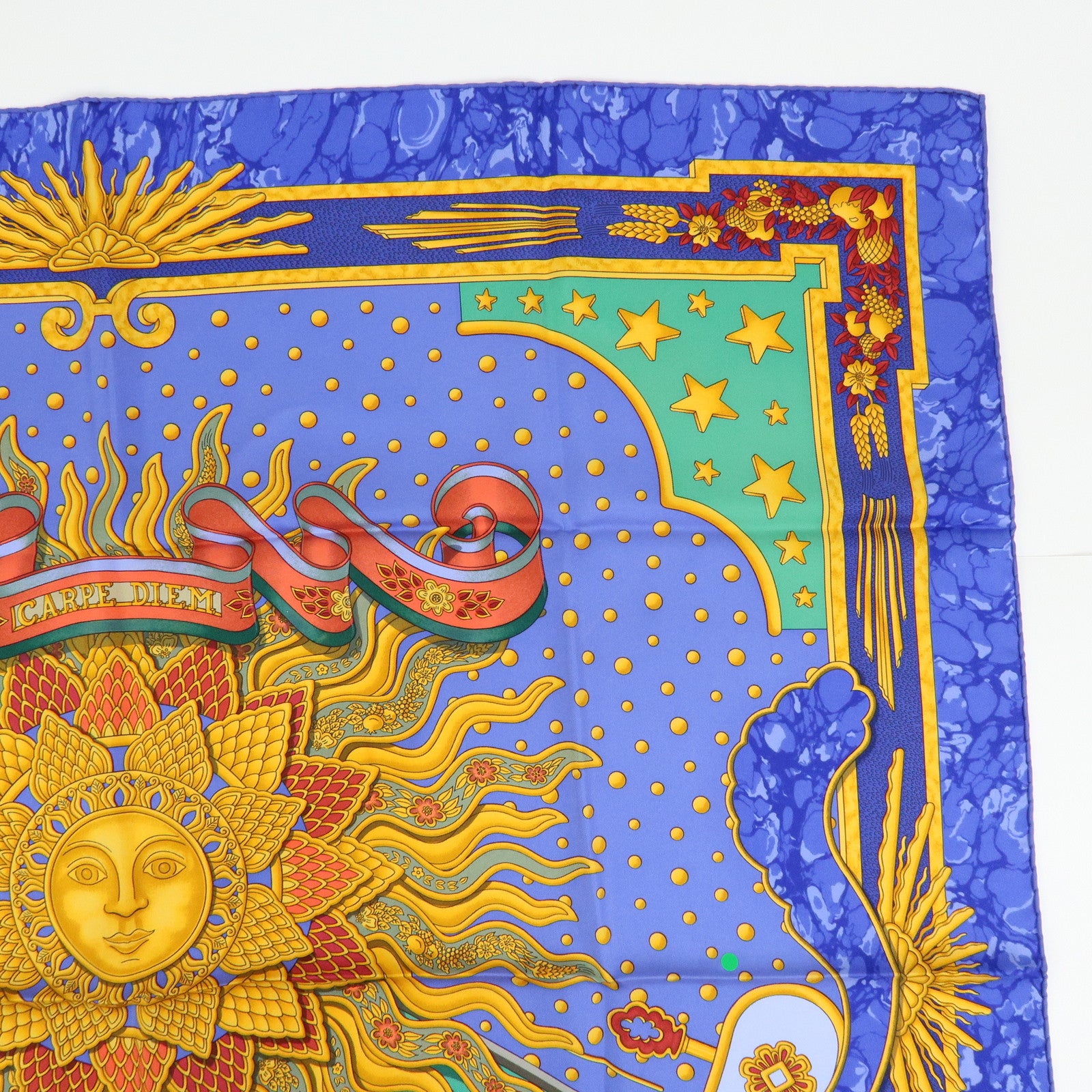 HERMES Carre 90 Silk 100% Scarf CARPE DIEM Blue Gold
