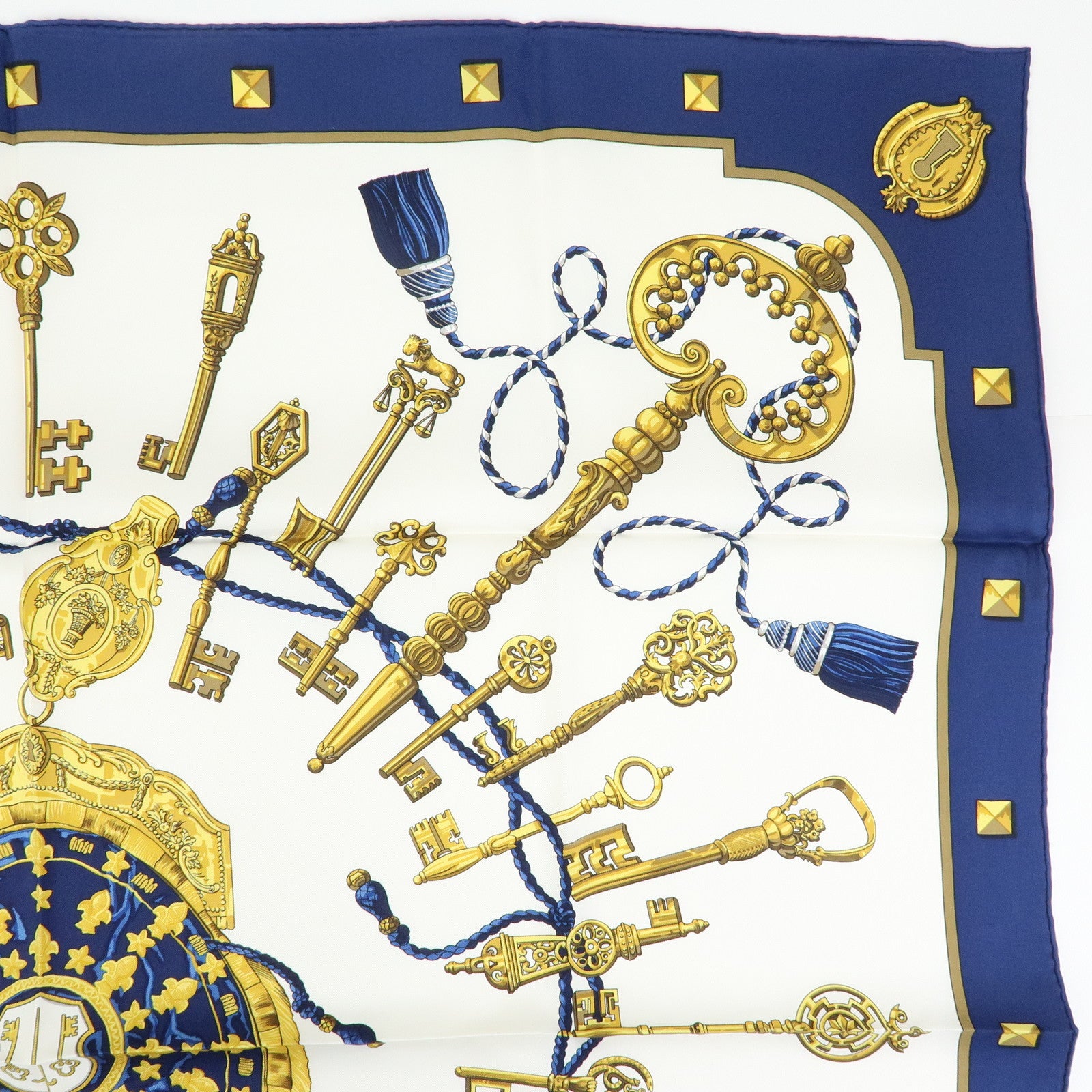 HERMES Carre 90 Silk 100% Scarf LES CLES THE KEYS RARE Navy Gold