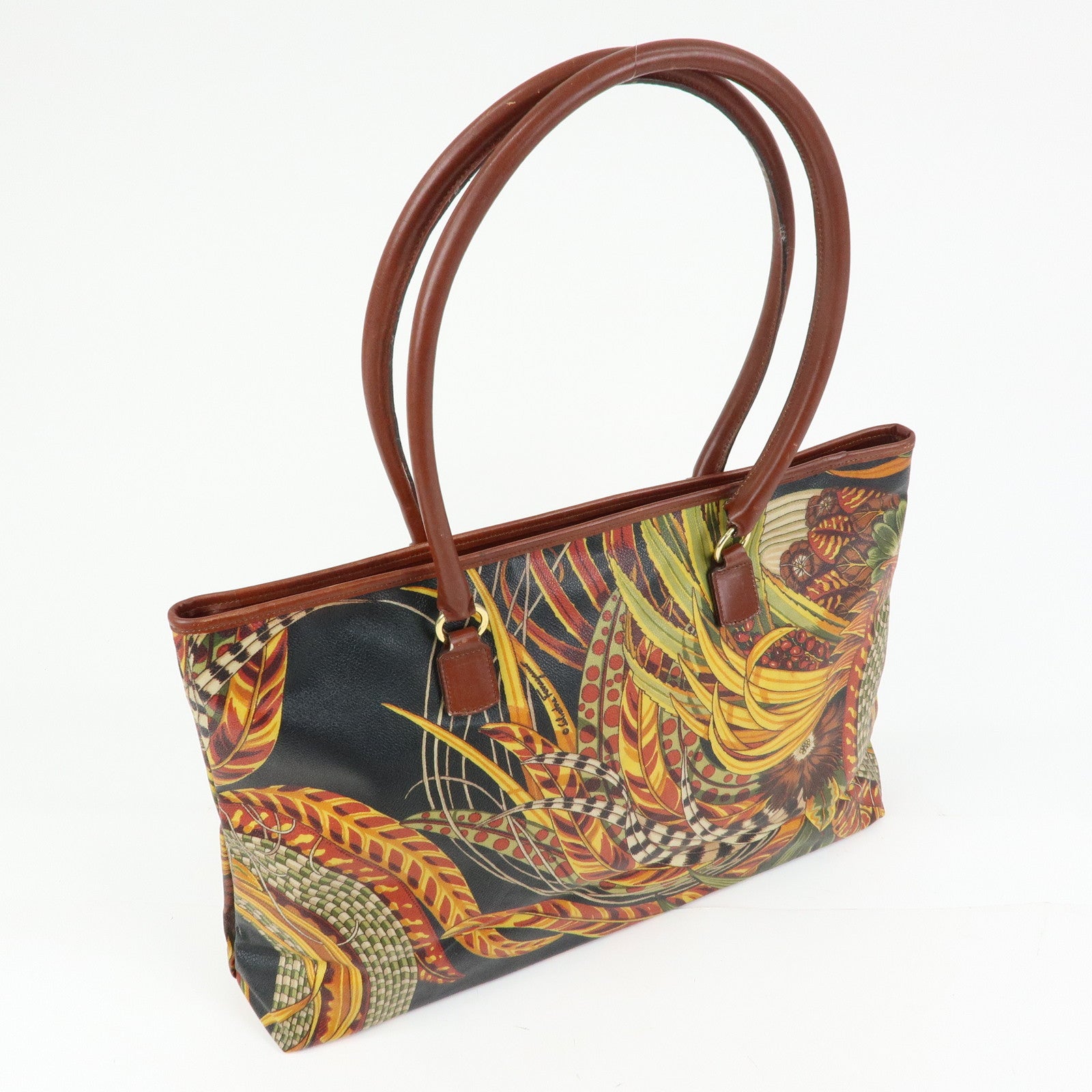 Ferragamo PVC Leather Tote Bag Shoulder Bag Black Brown Yellow