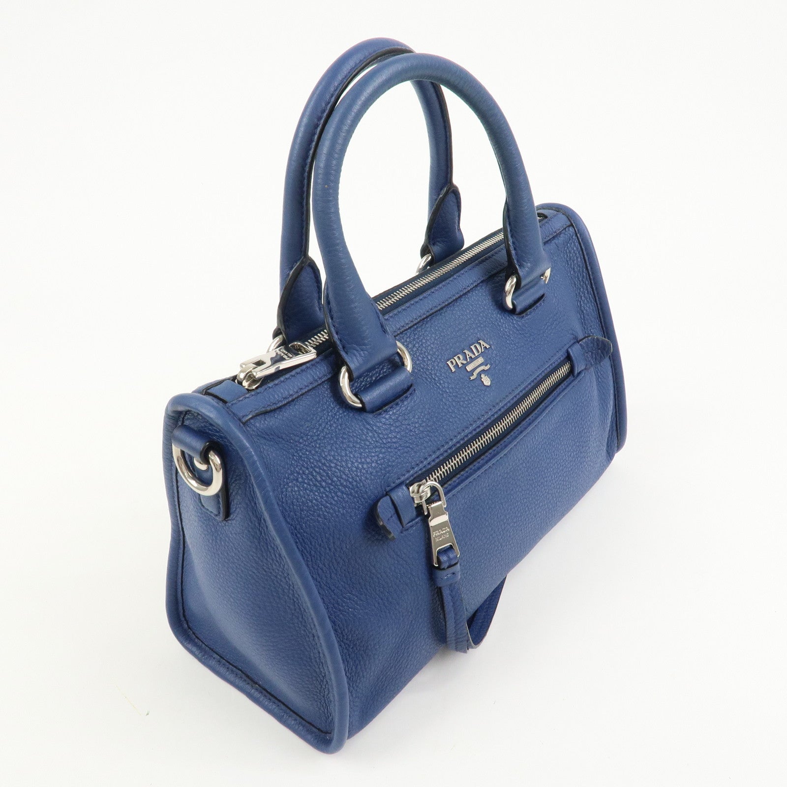 PRADA Leather 2Way Bag Hand Bag Shoulder Bag Blue Silver