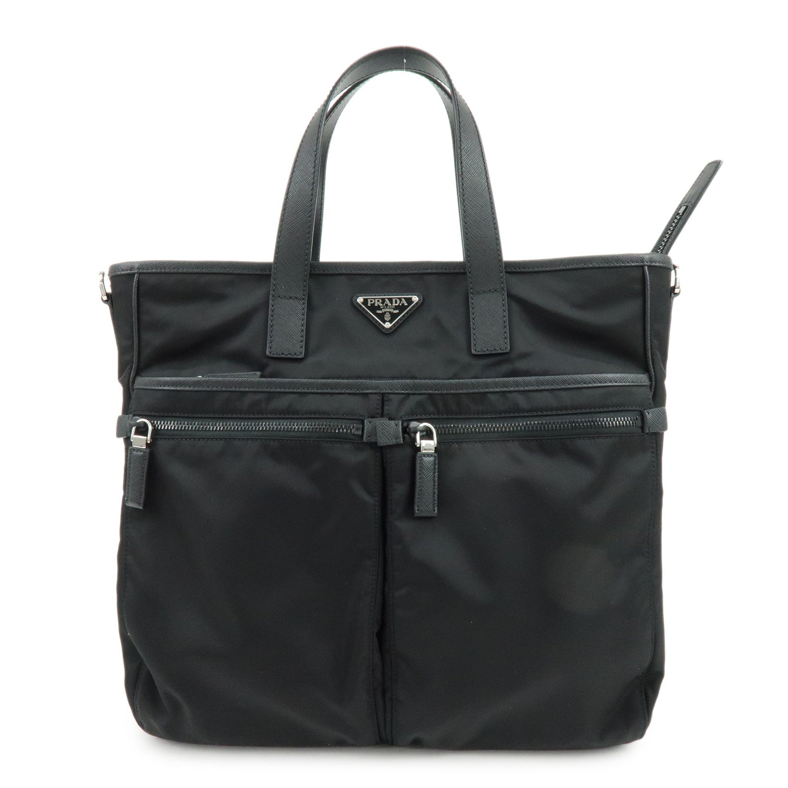 PRADA Triangle Logo Re-Nylon Saffiano Leather Tote Bag Black 2VG860