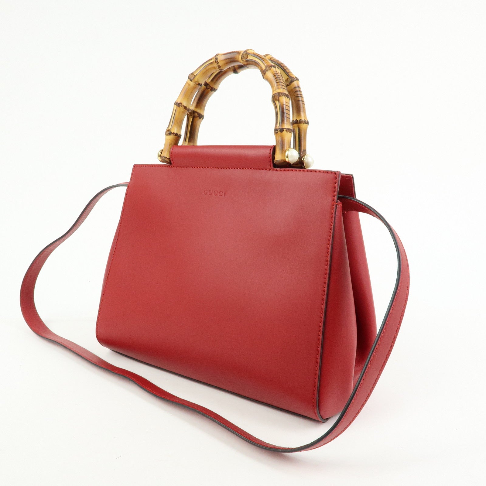 GUCCI Bamboo Nymphaea Leather 2Way Bag Hand Bag Red 453767