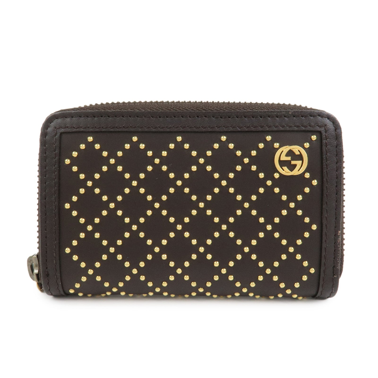 GUCCI Diamante Leather Coin Case Coin Wallet Brown Gold 337689