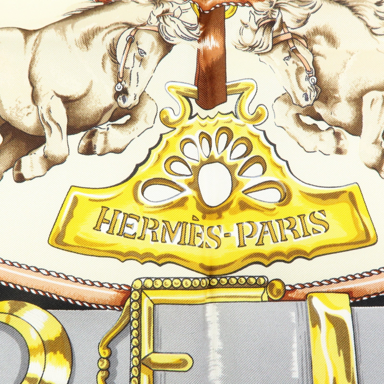 HERMES Carre 90 Silk 100% Scarf CHEVAUX DE TRAIT Black Gold Beige