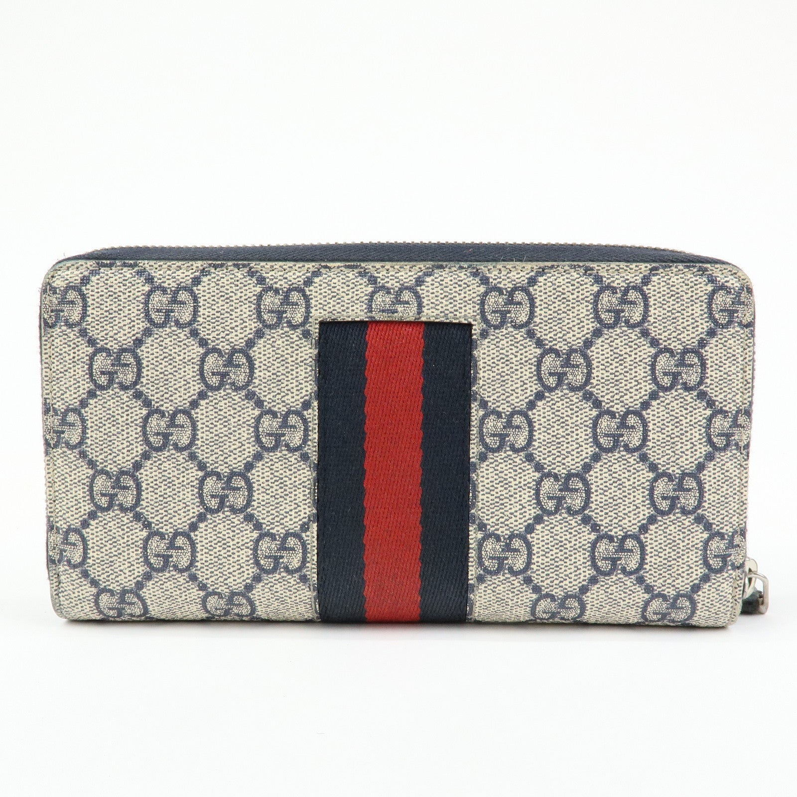 GUCCI Sherry GG Supreme Web Stripe Long Wallet Beige Navy 408831