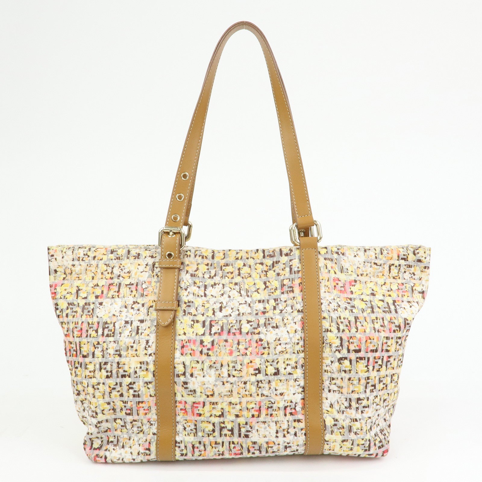 FENDI Zucchino Canvas Leather Flower Print Tote Bag Hand Bag 8BH215