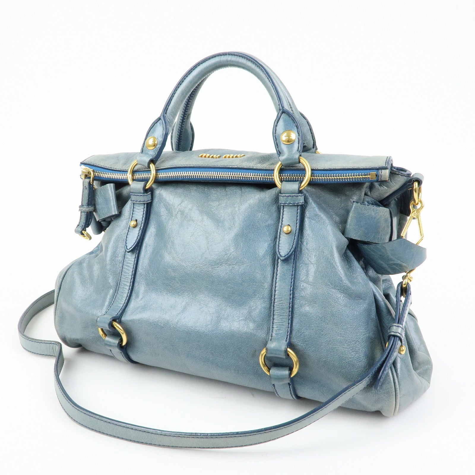 MIU MIU Side Ribbon Vittello Lux 2Way Bag Hand Shoulder Bag Blue
