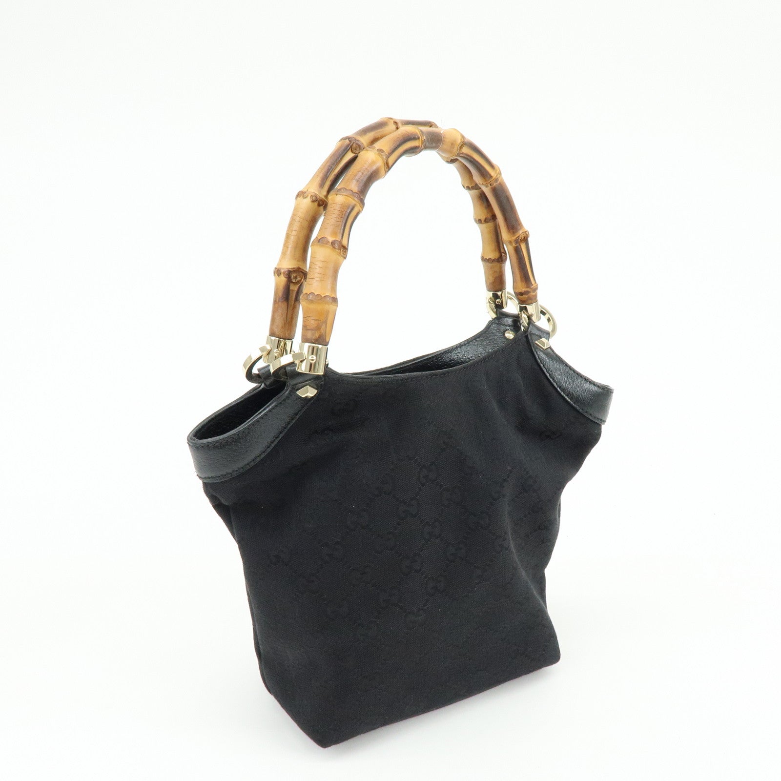 GUCCI Bamboo GG Canvas Leather Hand Bag Tote Bag Black 140203