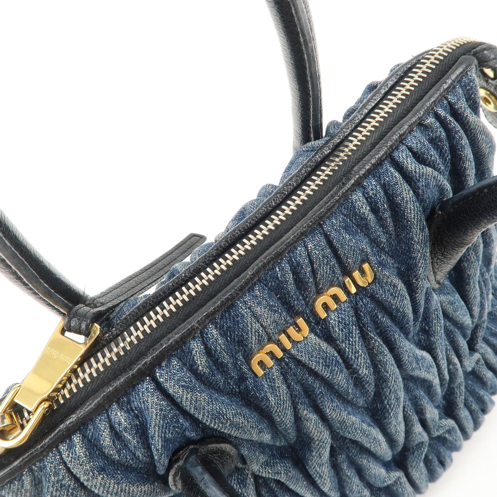 MIUMIU Matelasse Leather Denim 2Way Bag Black Indigo Blue 5BA003 Used