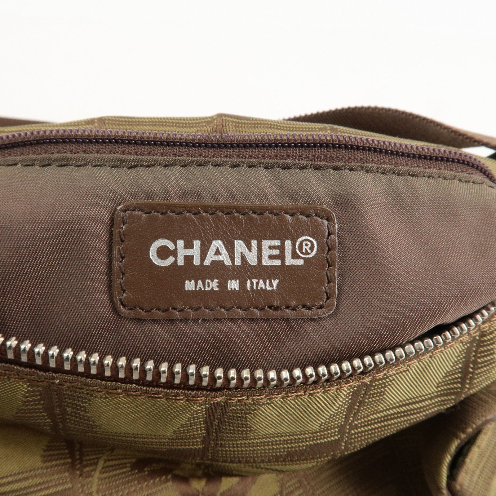 CHANEL New Travel Line Nylon Jacquard Shoulder Bag Khaki Used