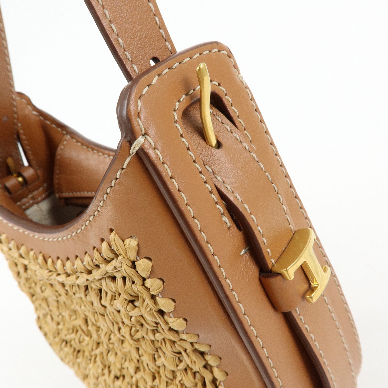 TOD'S Oboe Raffia Leather Shoulder Bag Crossbody Bag Beige Brown