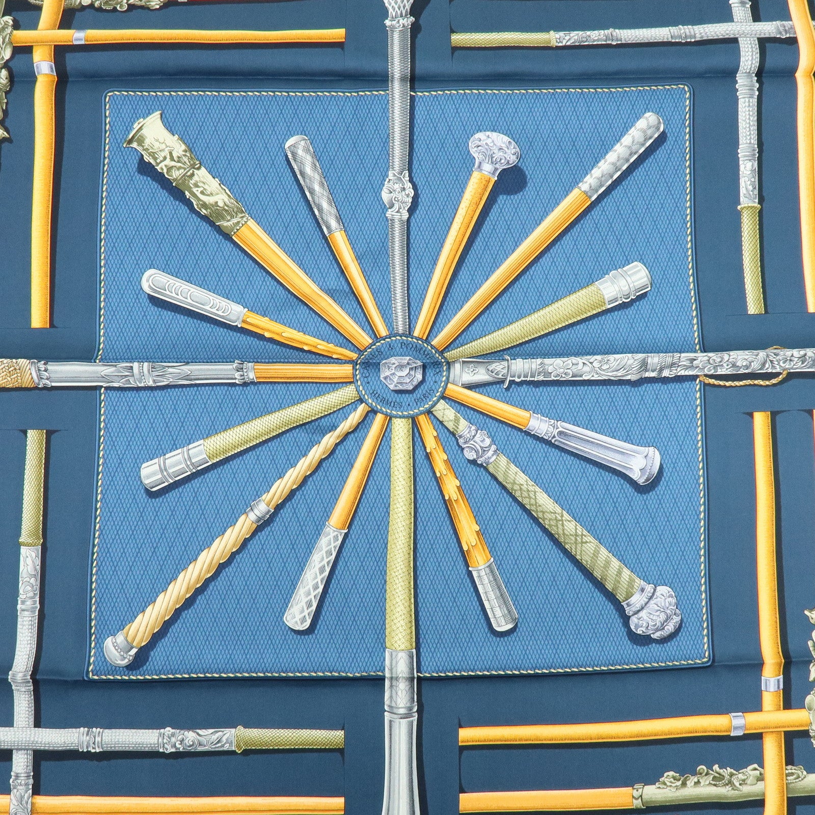 HERMES Carre 90 Silk 100% Scarf CANNES ET POMMEAUX Navy