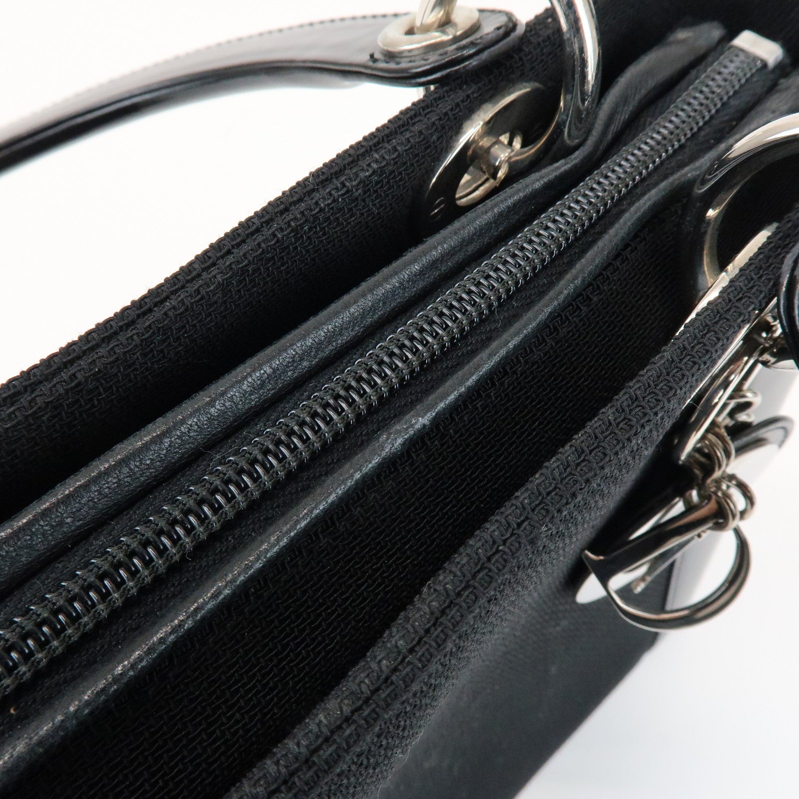 Christian Dior Lady Dior Canvas Patent Leather Hand Bag Black