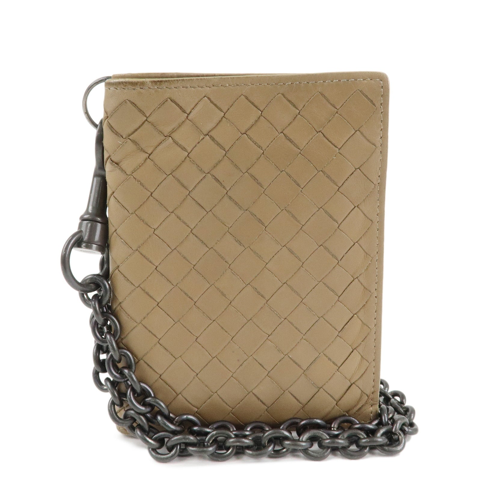 BOTTEGA VENETA Intrecciato Leather Chain Wallet Mini Wallet Beige Used