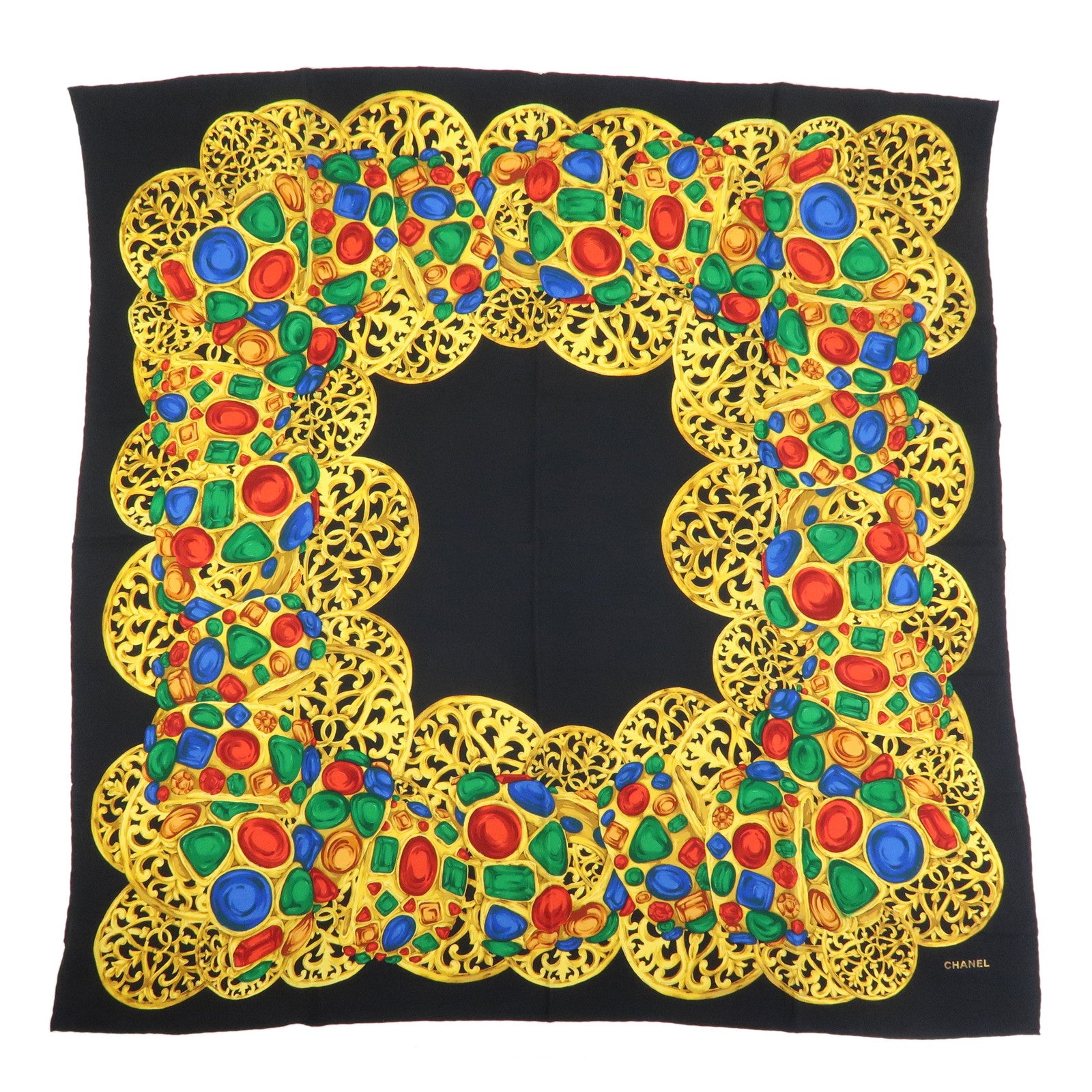 CHANEL Jewelry Motif Silk 100% Scarf Black Yellow Multicolor