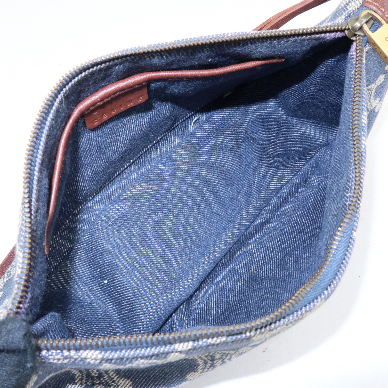 CELINE Macadam Denim Leather Shoulder Hand Bag Indigo Blue Brown